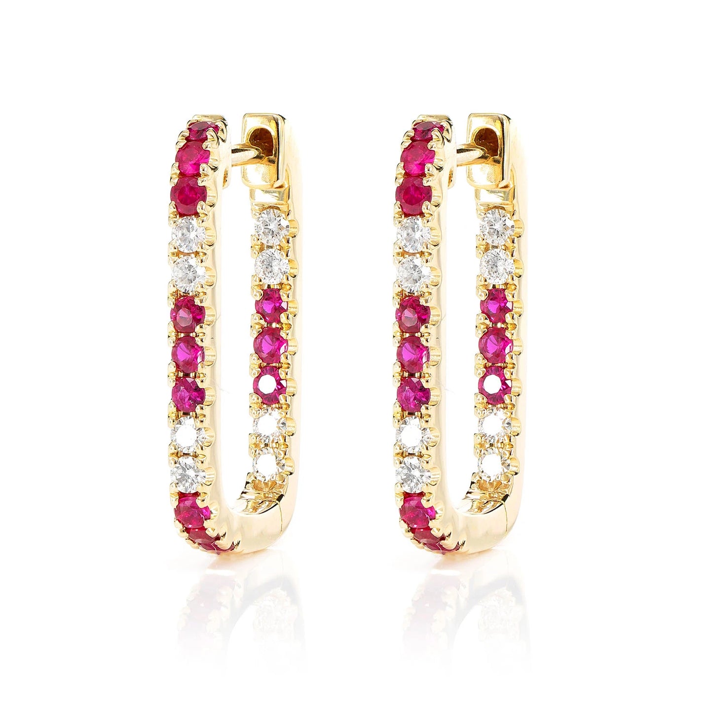 Ruby and Diamond Rectangle Huggie Hoop Earrings