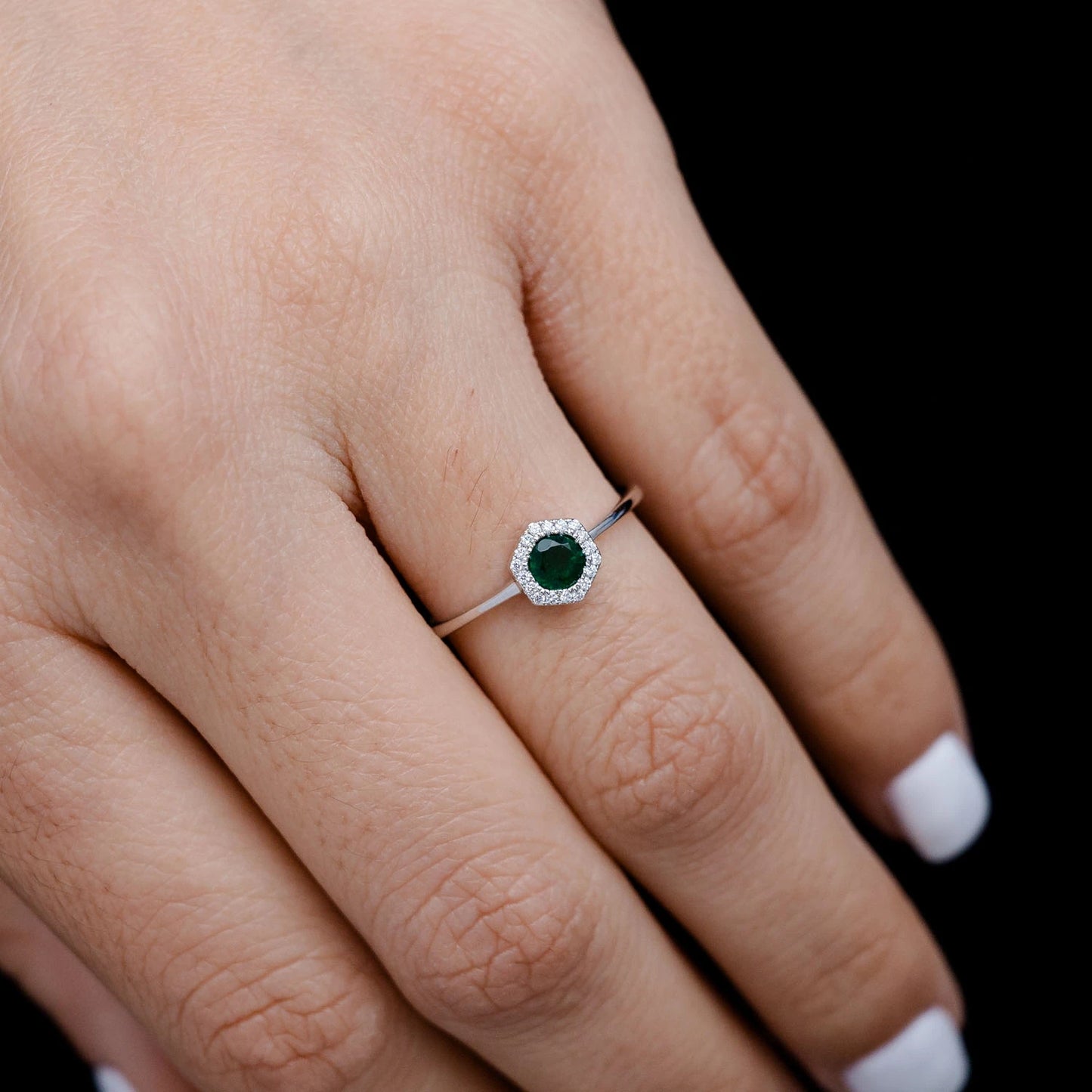 Emerald and Diamond Hexagon Halo Ring