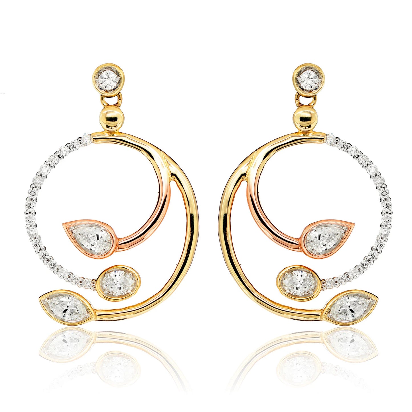 Tri Tone Mixed Shape Diamond Spiral Dangle Earrings
