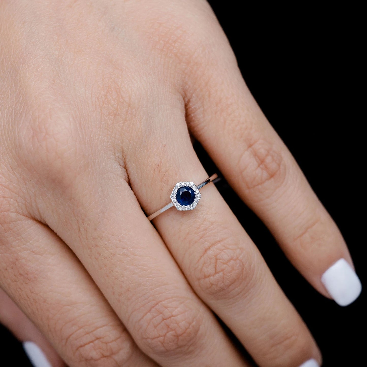 Sapphire and Diamond Halo Hexagon Ring