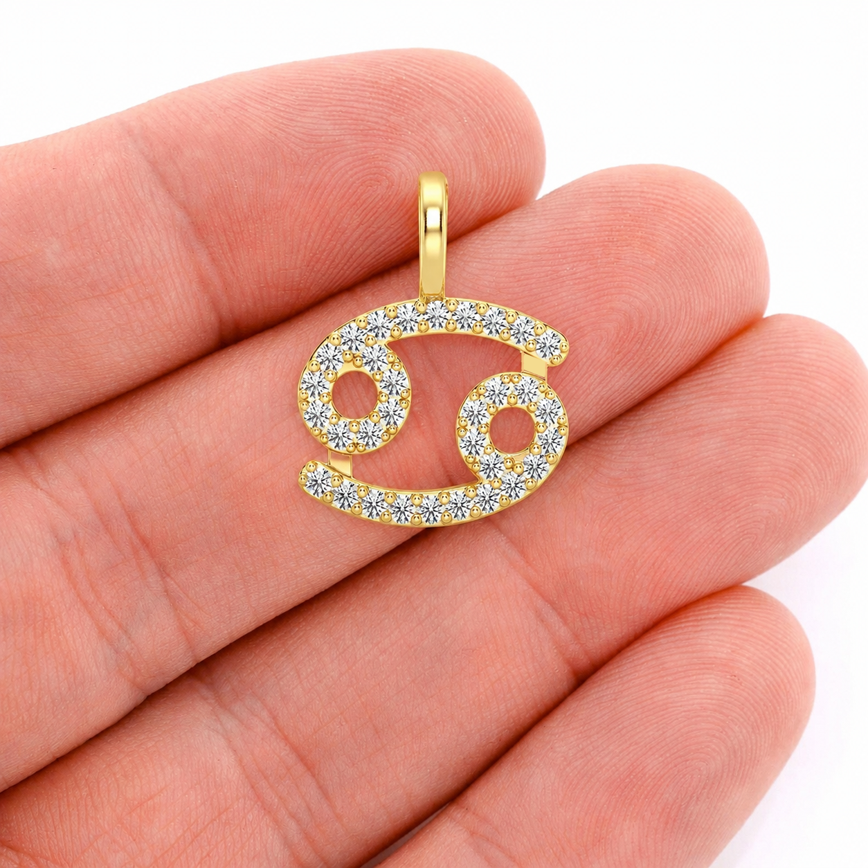 Astrology Zodiac Diamond Pendant in 14K yellow gold, Cancer design, angled view