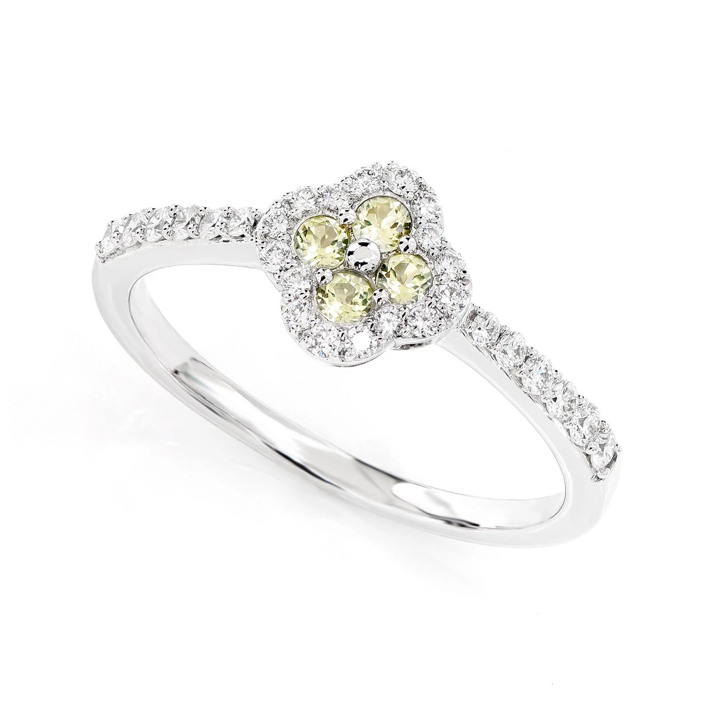Clover Peridot Green and Diamond Cluster Halo Ring