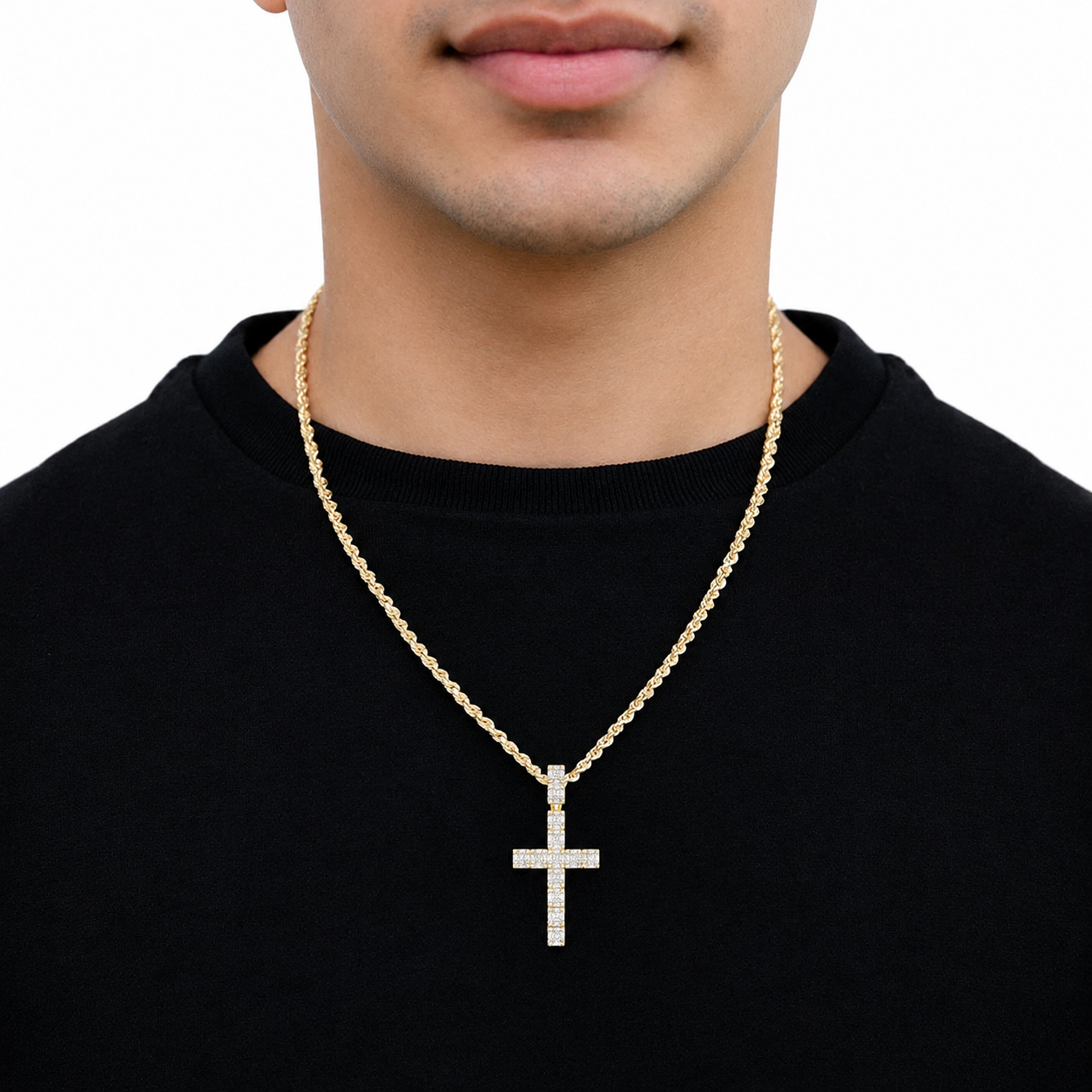 Royal Baguette Cross in 14K yellow gold, angled view