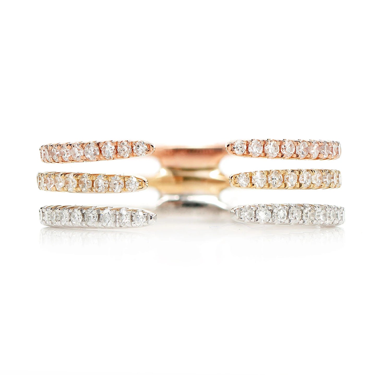 Tri-Tone Triple Row Open Diamond Band in tri tone 14k gold, front view