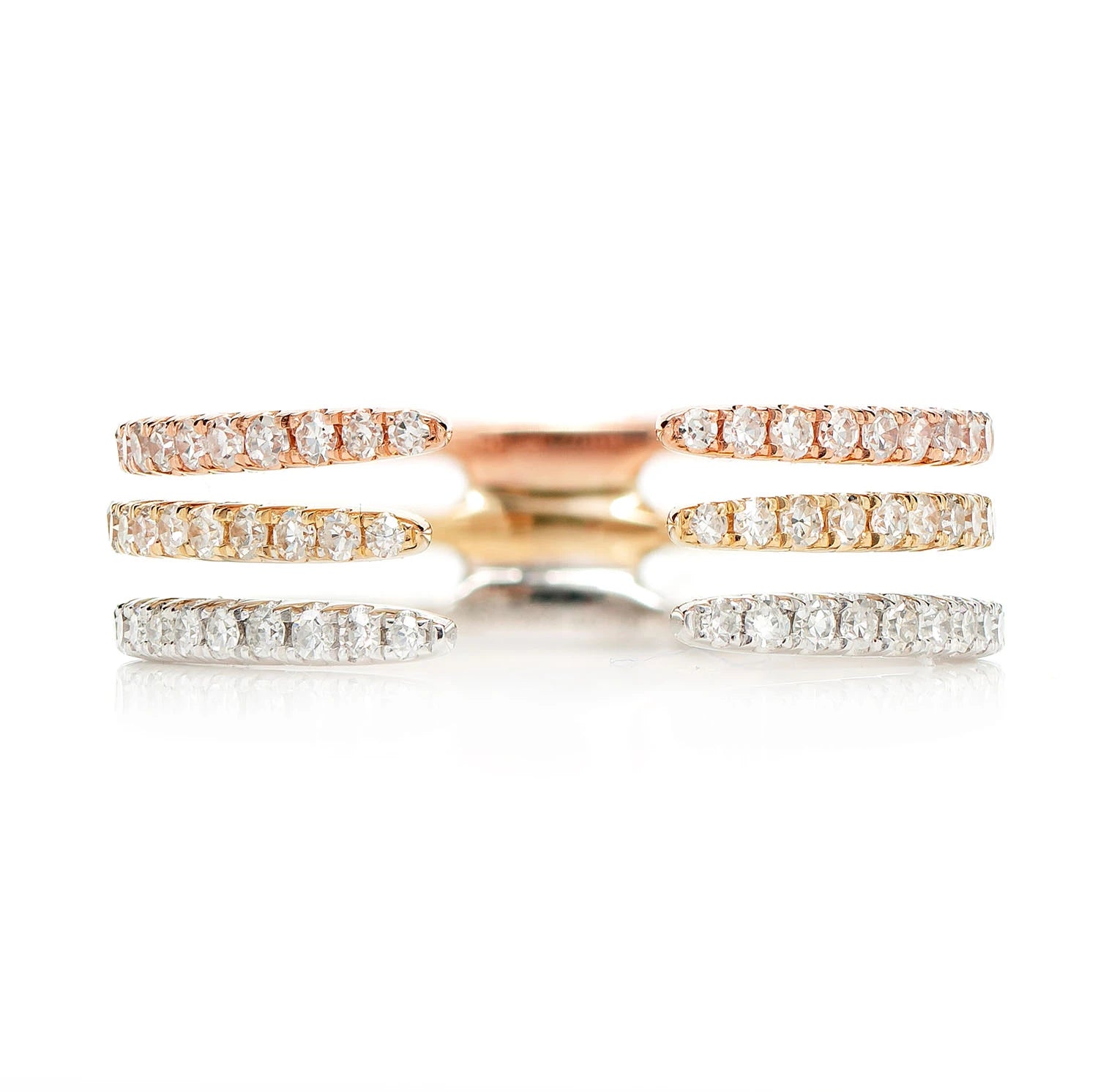 Tri-Tone Triple Row Open Diamond Band in tri tone 14k gold, front view