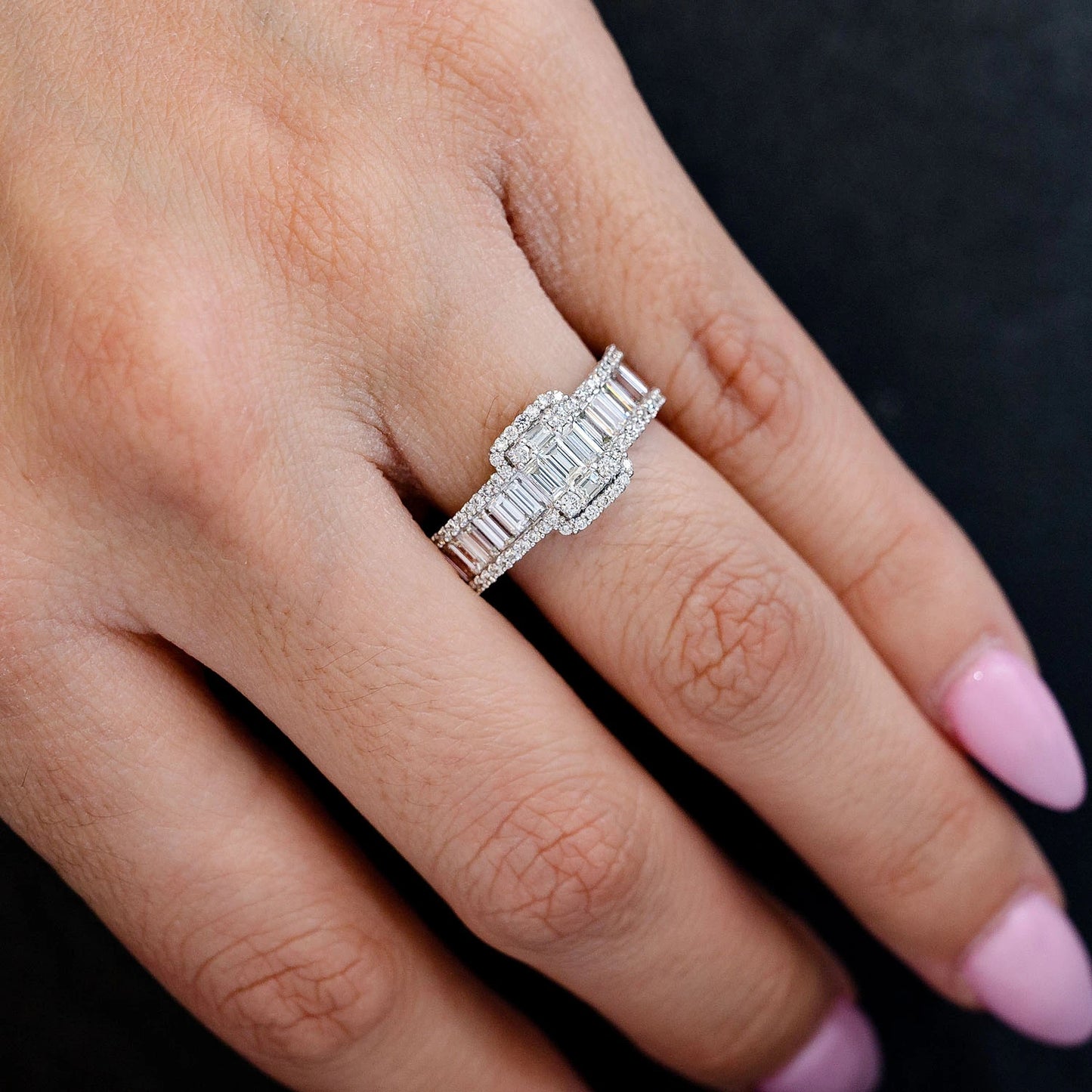 Baguette Raised Cluster Three Row Diamond Engagement Ring