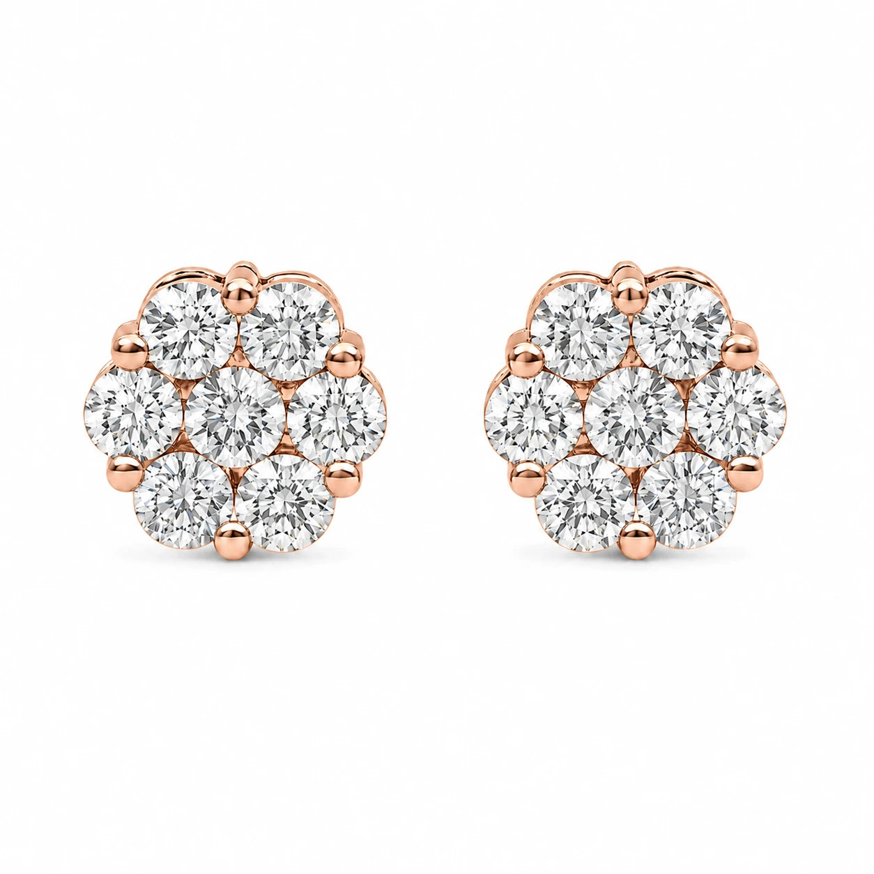 Flower Diamond Studs in 14K rose gold, 2.00ctw, front view