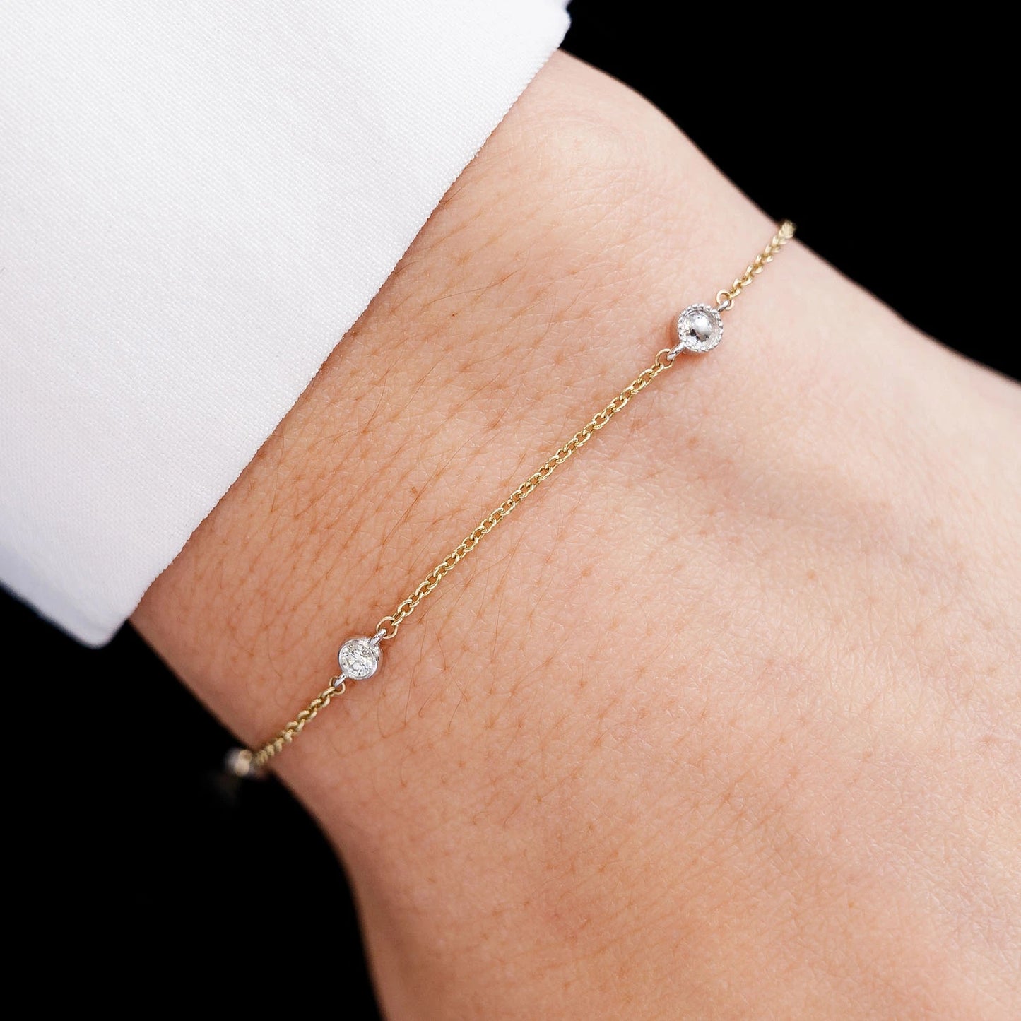 Bead & Bezel Diamond Bracelet in 14K rose gold, 0.10ctw, detail view