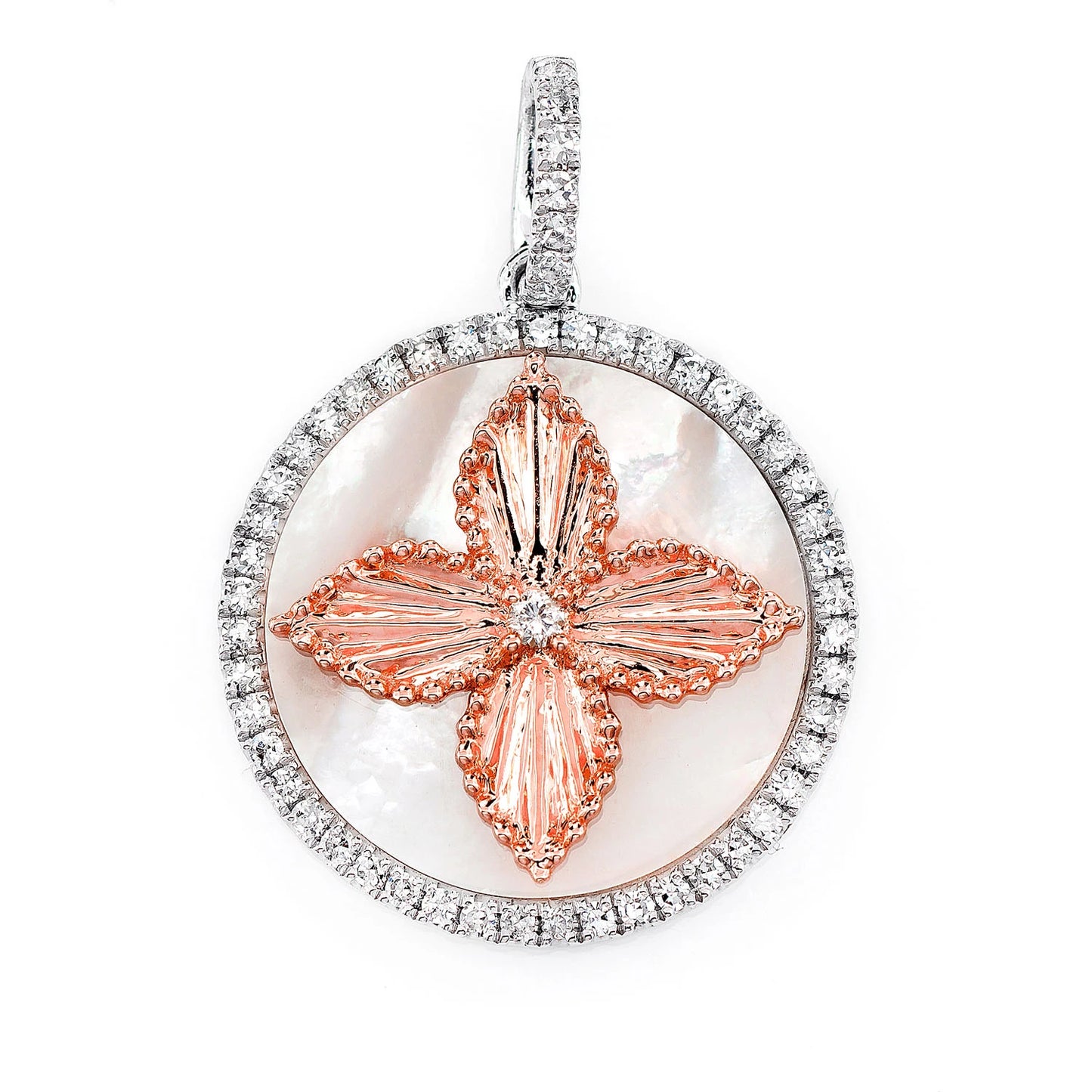 Mother of Pearl Four Petal Flower Diamond Pendant in two tone rose 14k gold, front view