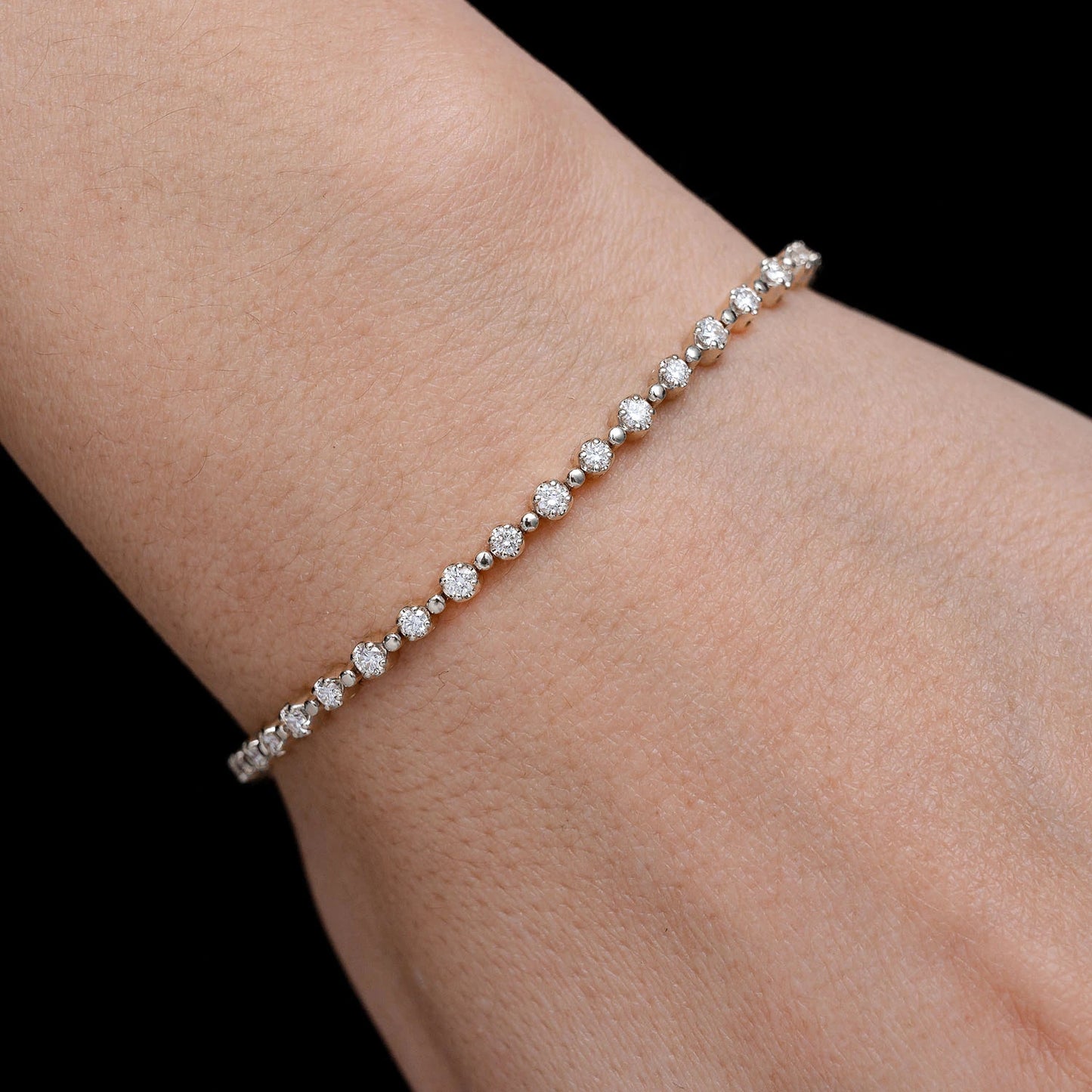 Beaded Crown Set Diamond Bracelet in 14K white gold, One Color, alternate view