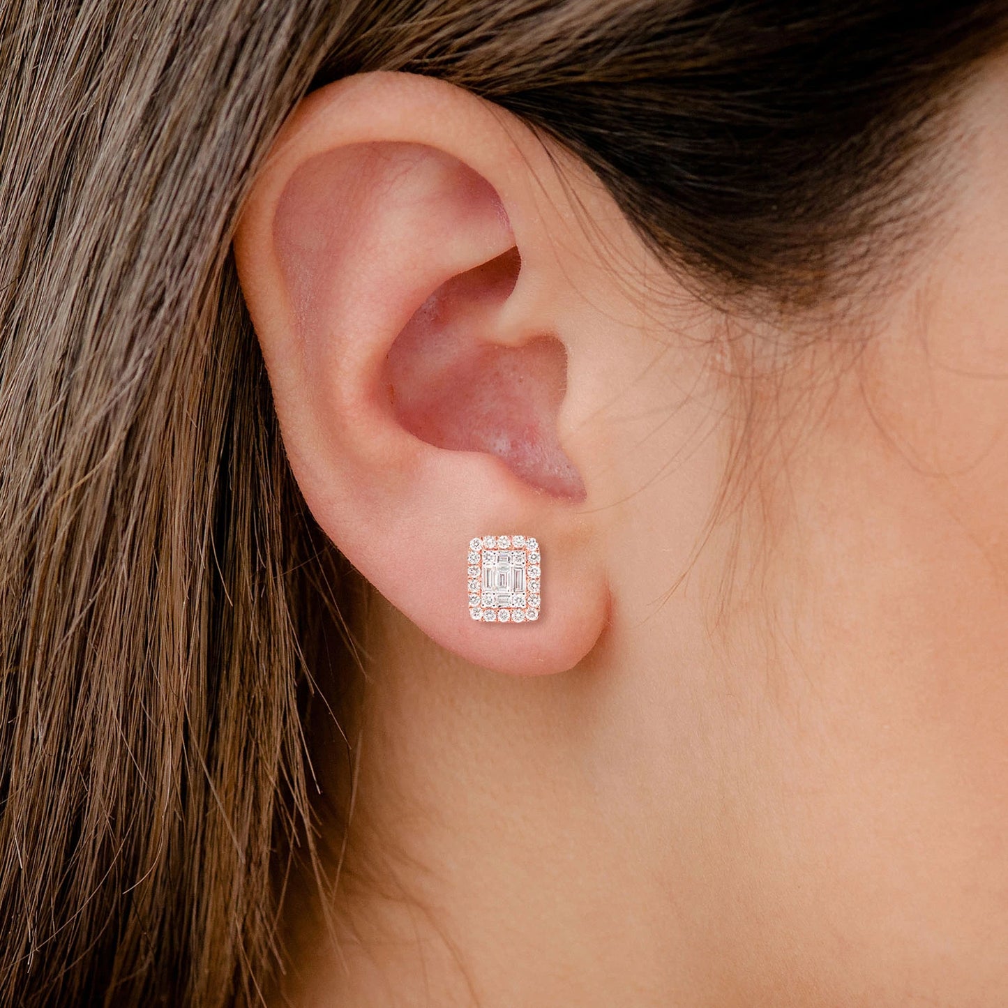 Halo Diamond Baguette Stud Earrings
