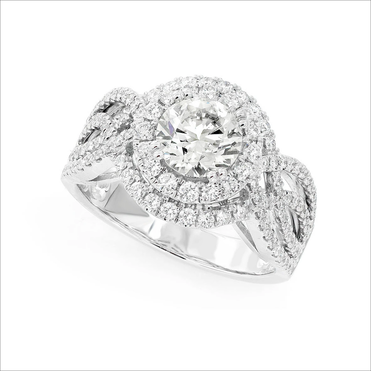Deco double halo ring in 14K white gold, angled view