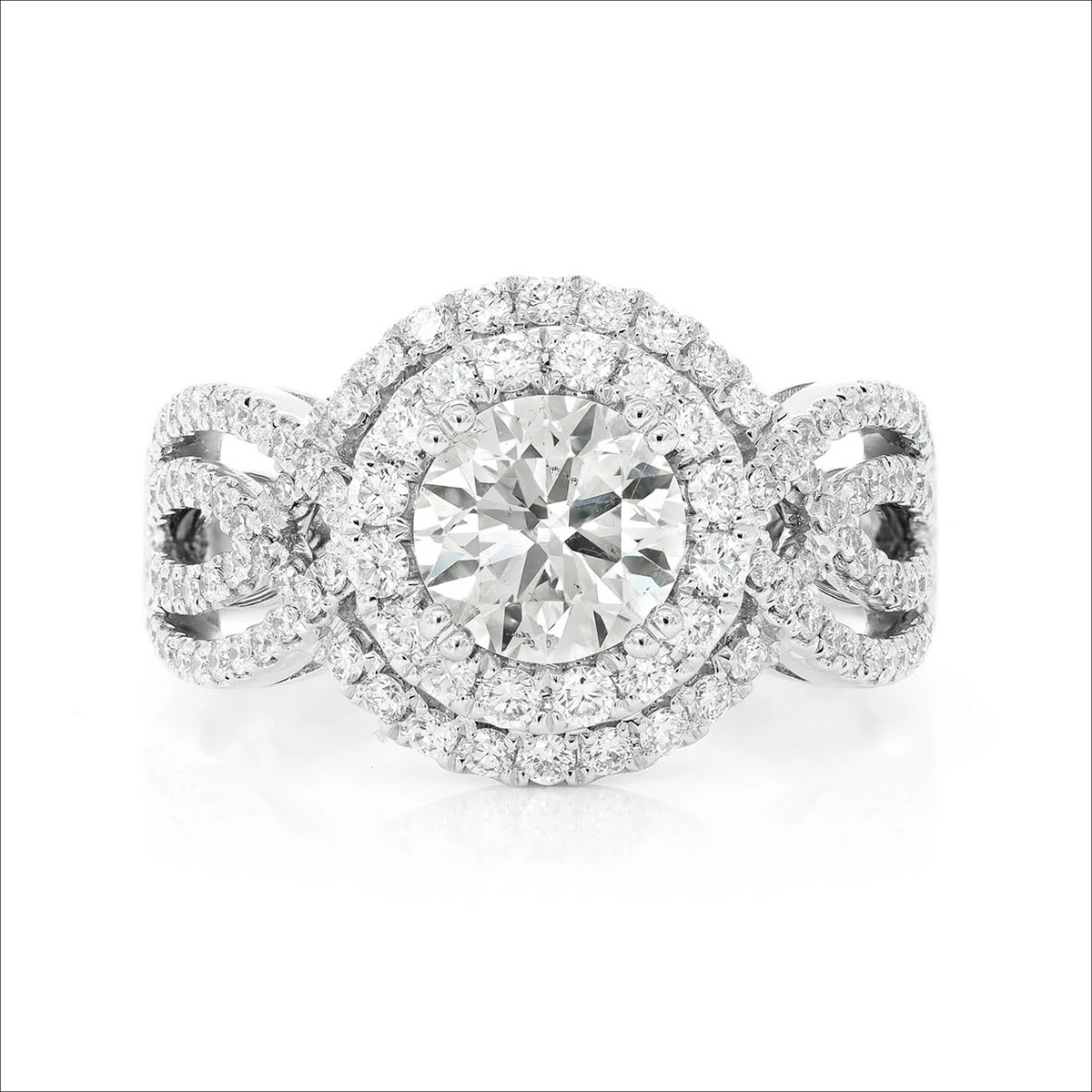 Deco double halo ring in 14K white gold, front view