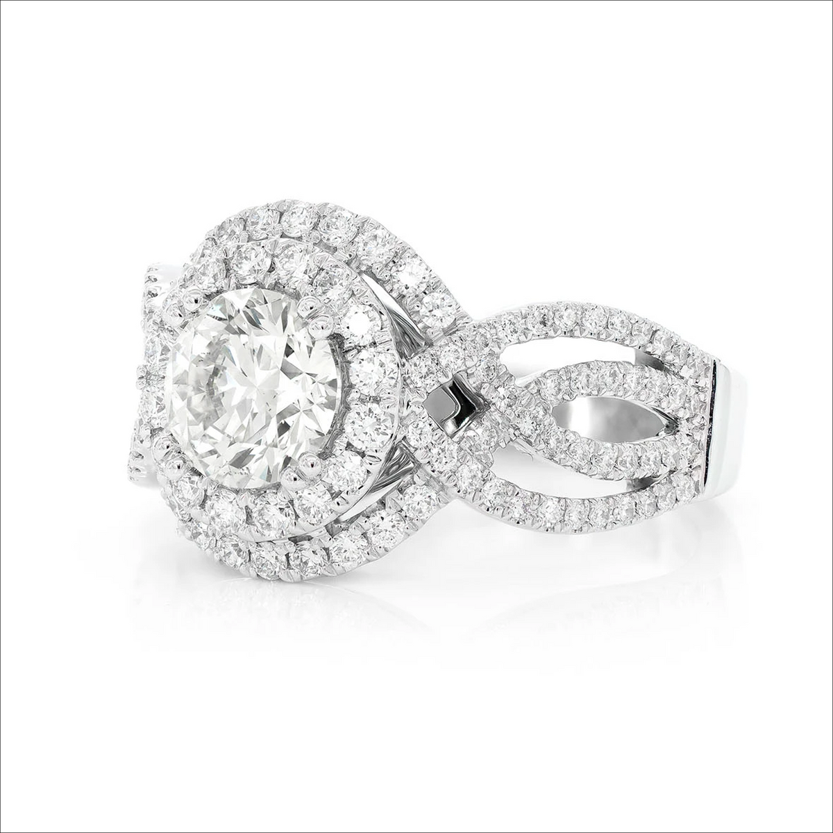 Deco double halo ring in 14K white gold, side view
