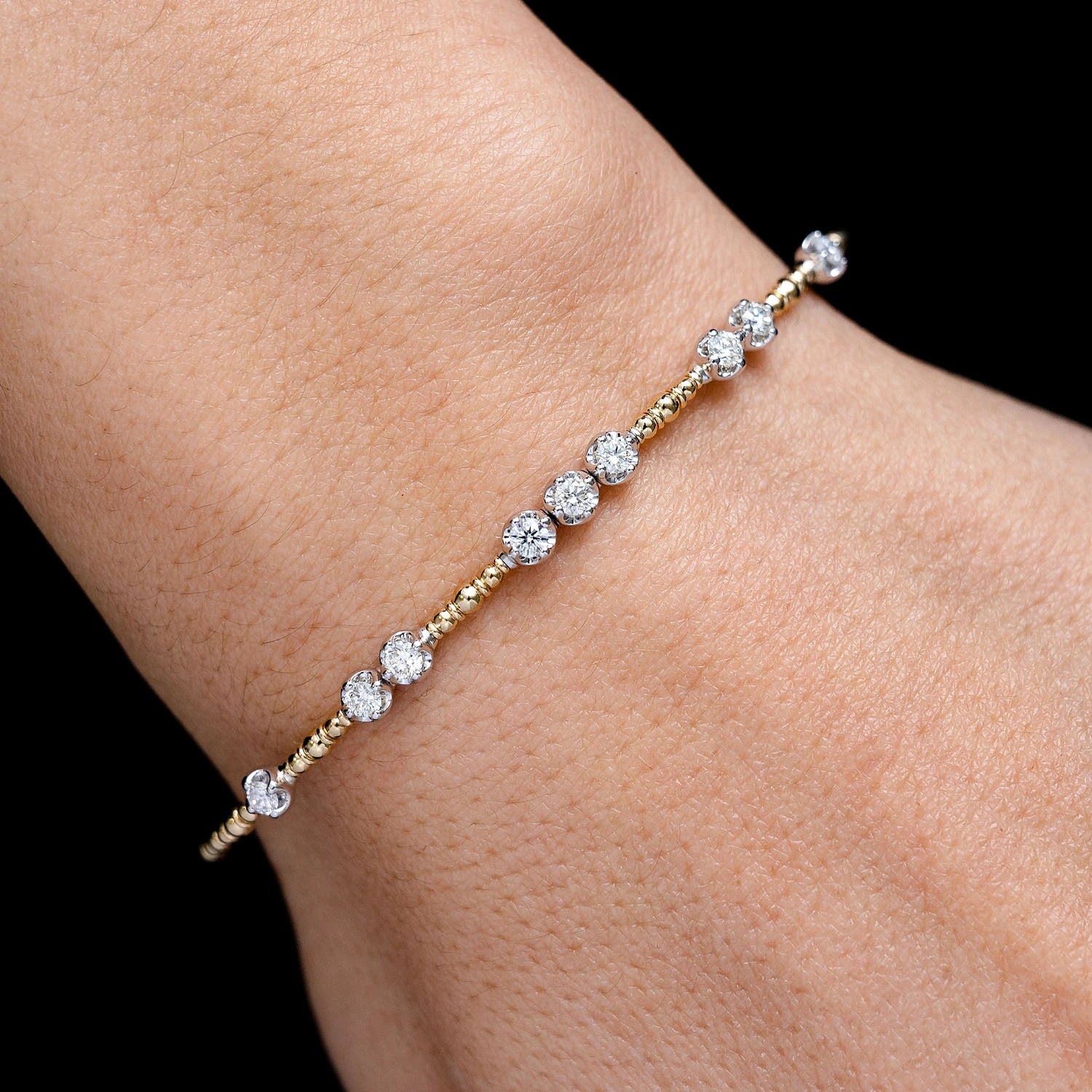 Graduated Beaded Diamond Flex Bangle Bracelet in 14K yellow gold, alternate view