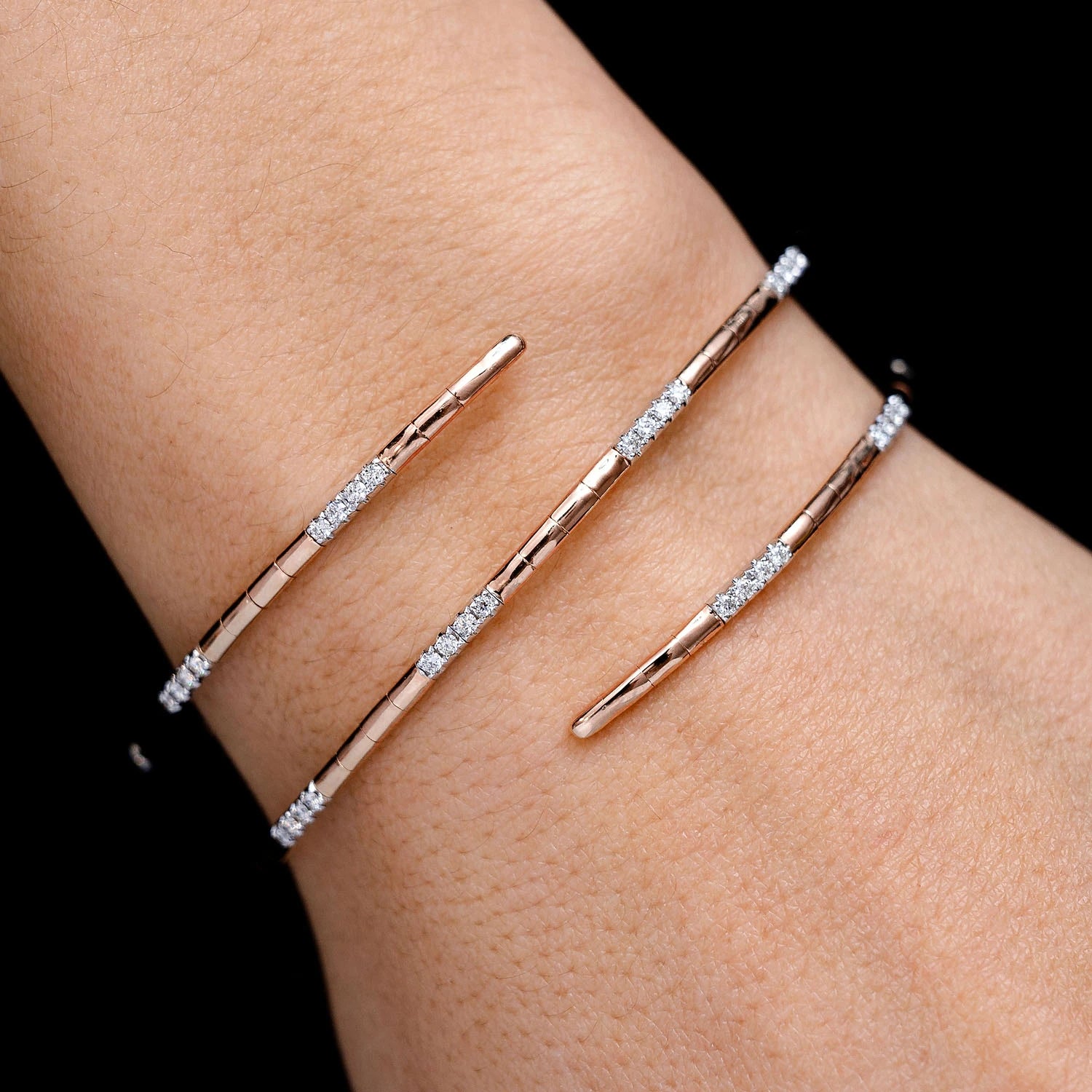 Wrap Diamond Flex Bangle Bracelet in 14K rose gold, angled view