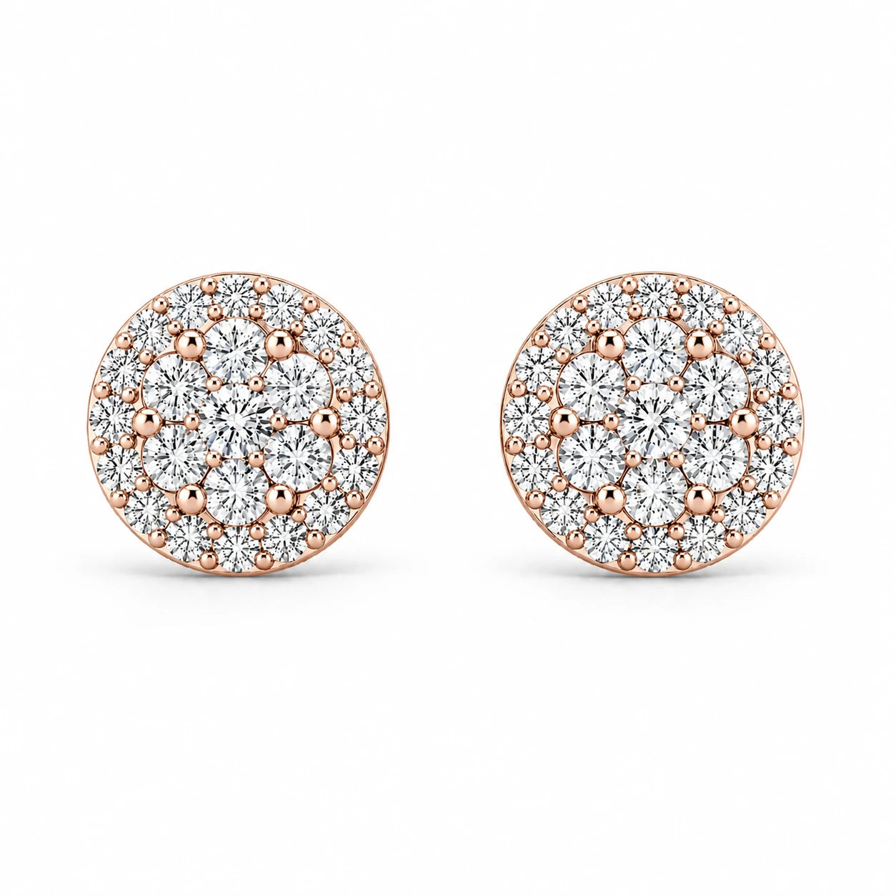 Halo Flower Diamond Studs in 14K rose gold, 2.00ctw, front view