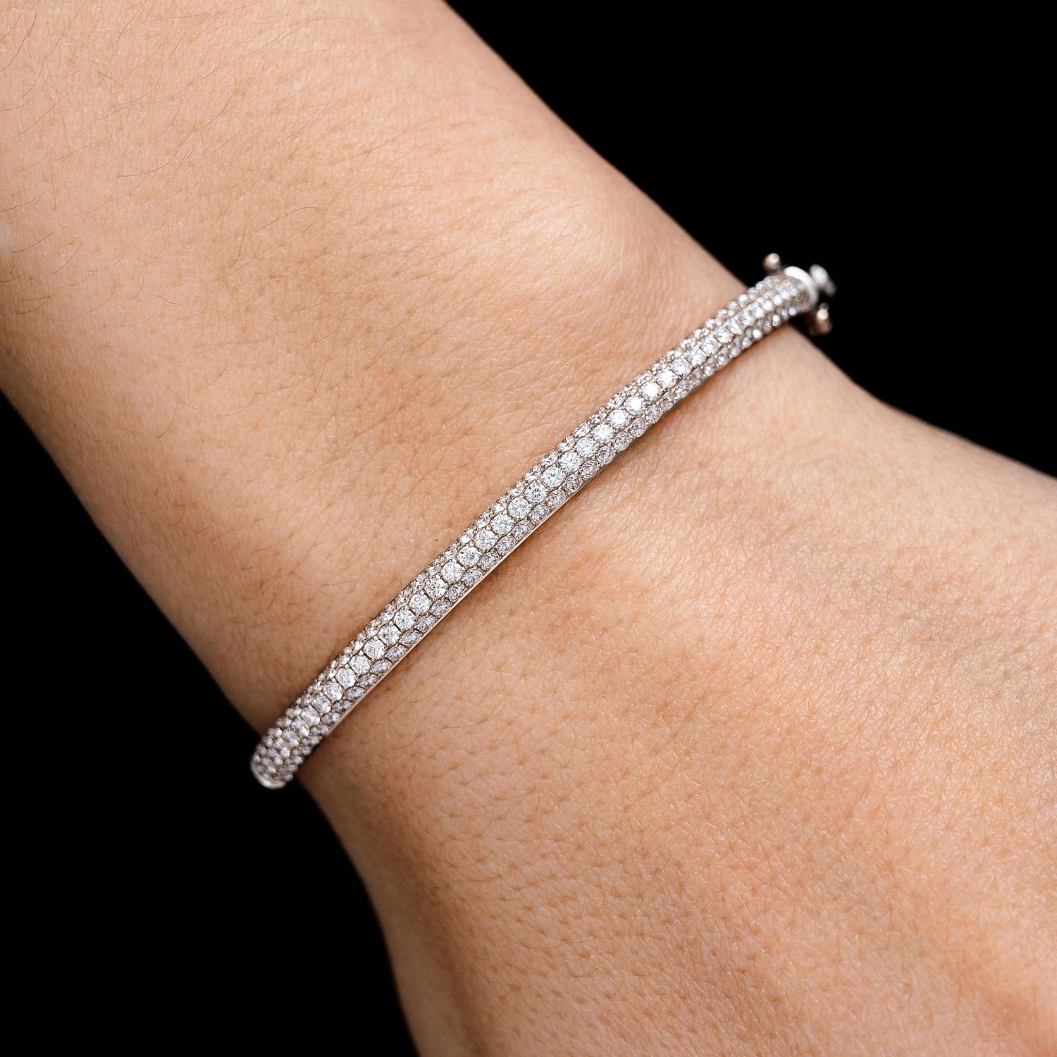 Three Row Pavé Diamond Bangle in 14K white gold, 1.95ctw, angled view