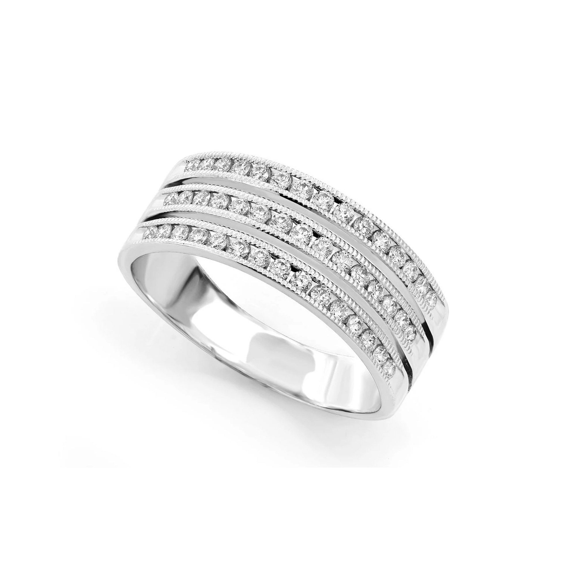 Three Row Split Channel Ring in 14K white gold, angled view