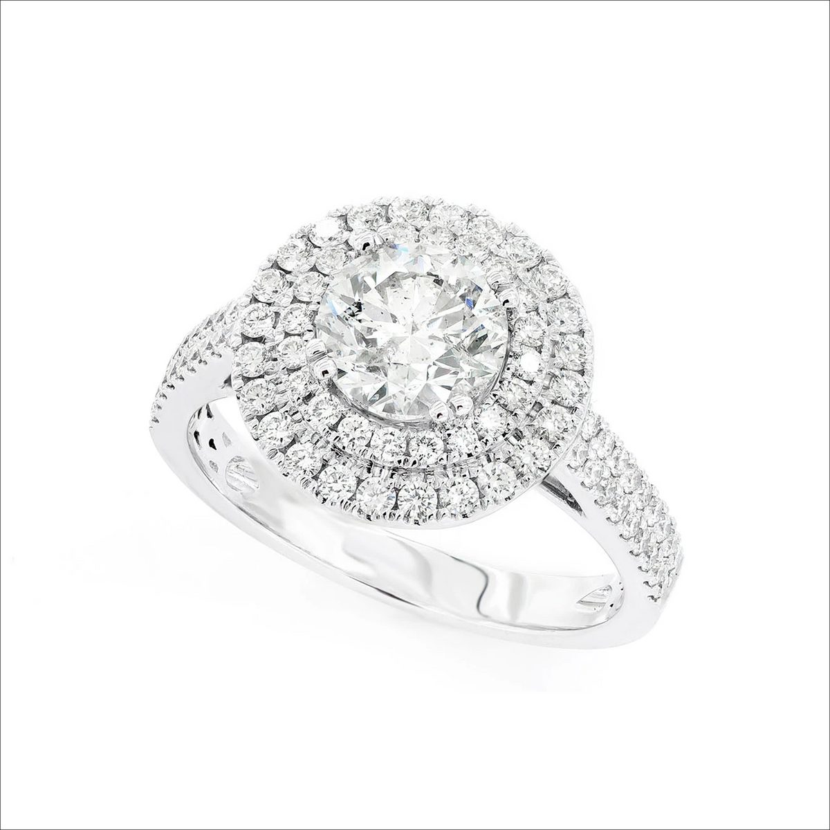 Double halo ring in 14K white gold, angled view