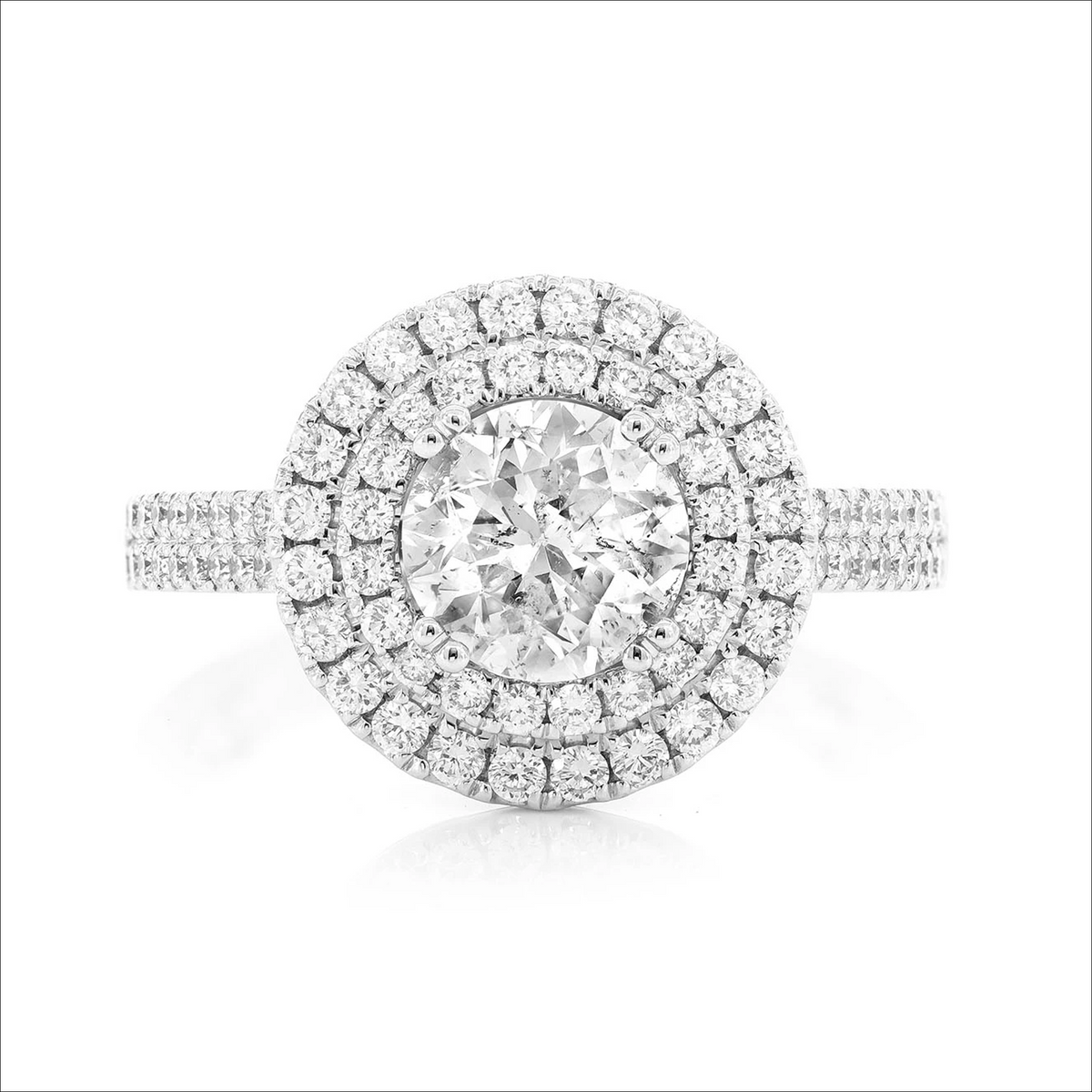 Double halo ring in 14K white gold, front view