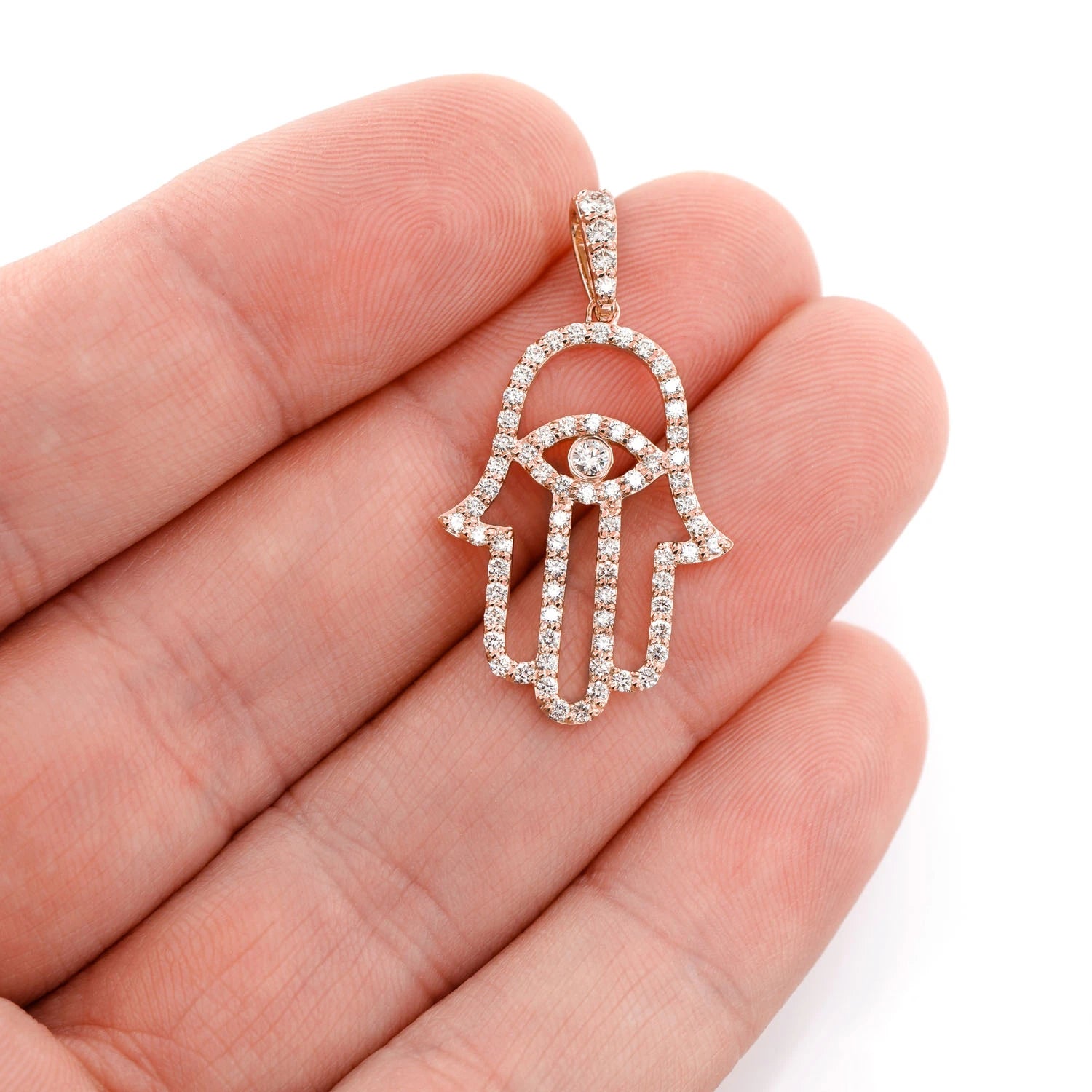 Outlined Hamsa Diamond Pendant in 14K rose gold, angled view