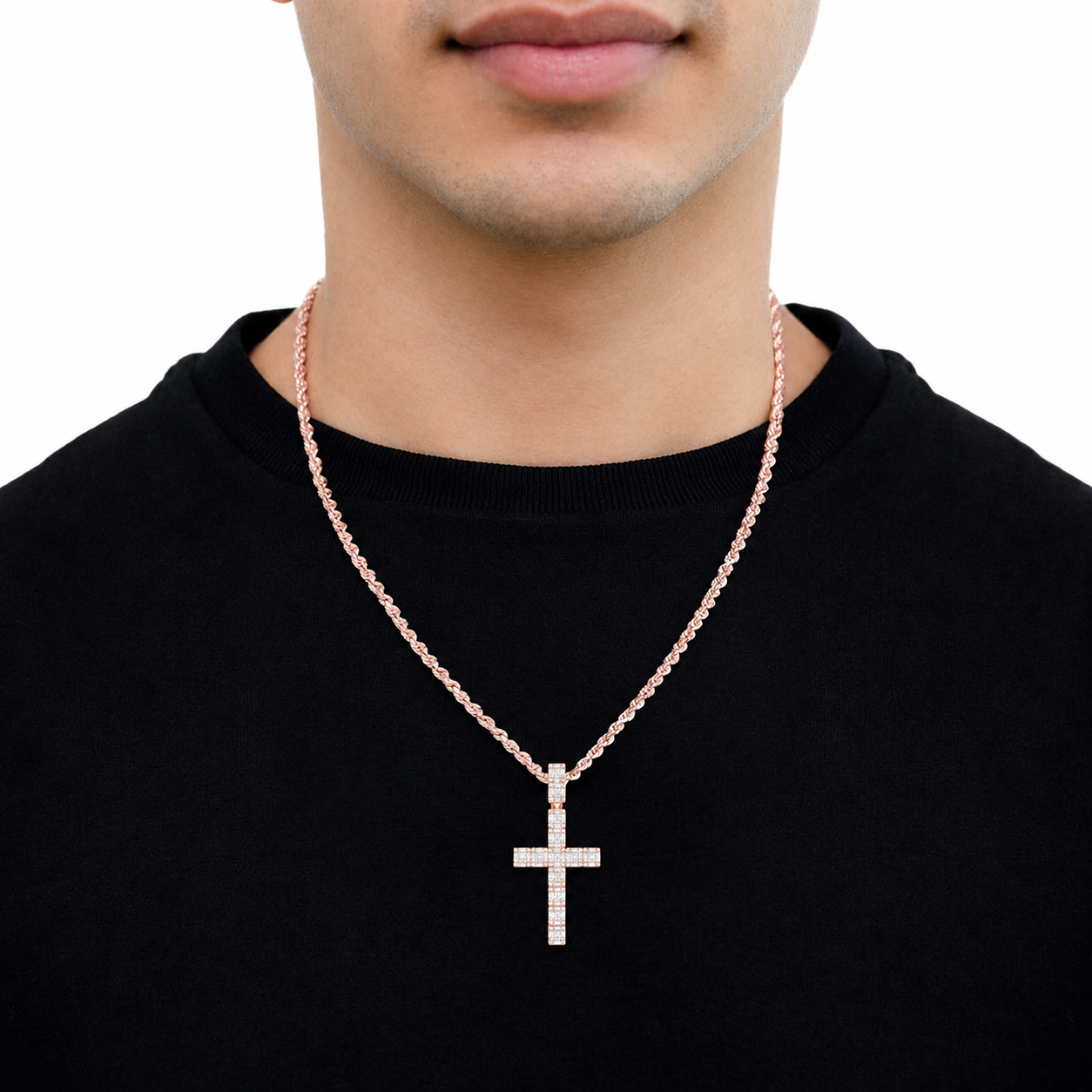 Royal Baguette Cross in 14K rose gold, angled view