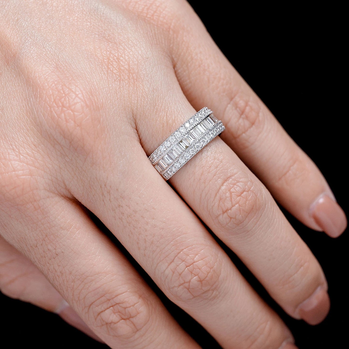 Milgrain Border Baguette & Round Diamond Band Ring in 14K white gold, alternate view