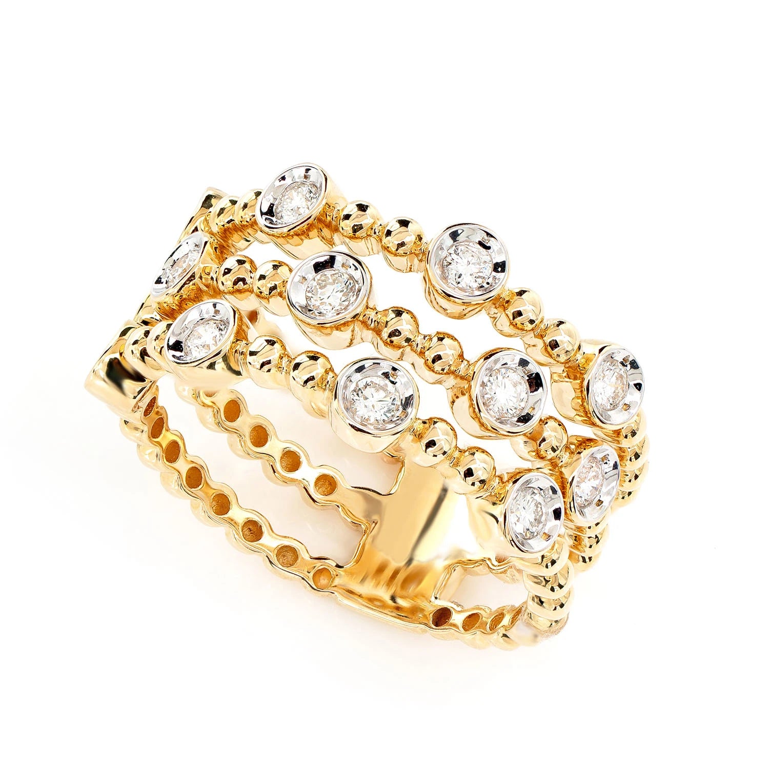 Four Row Scattered Beaded Bezel Diamond Band in 14K yellow gold, detail view