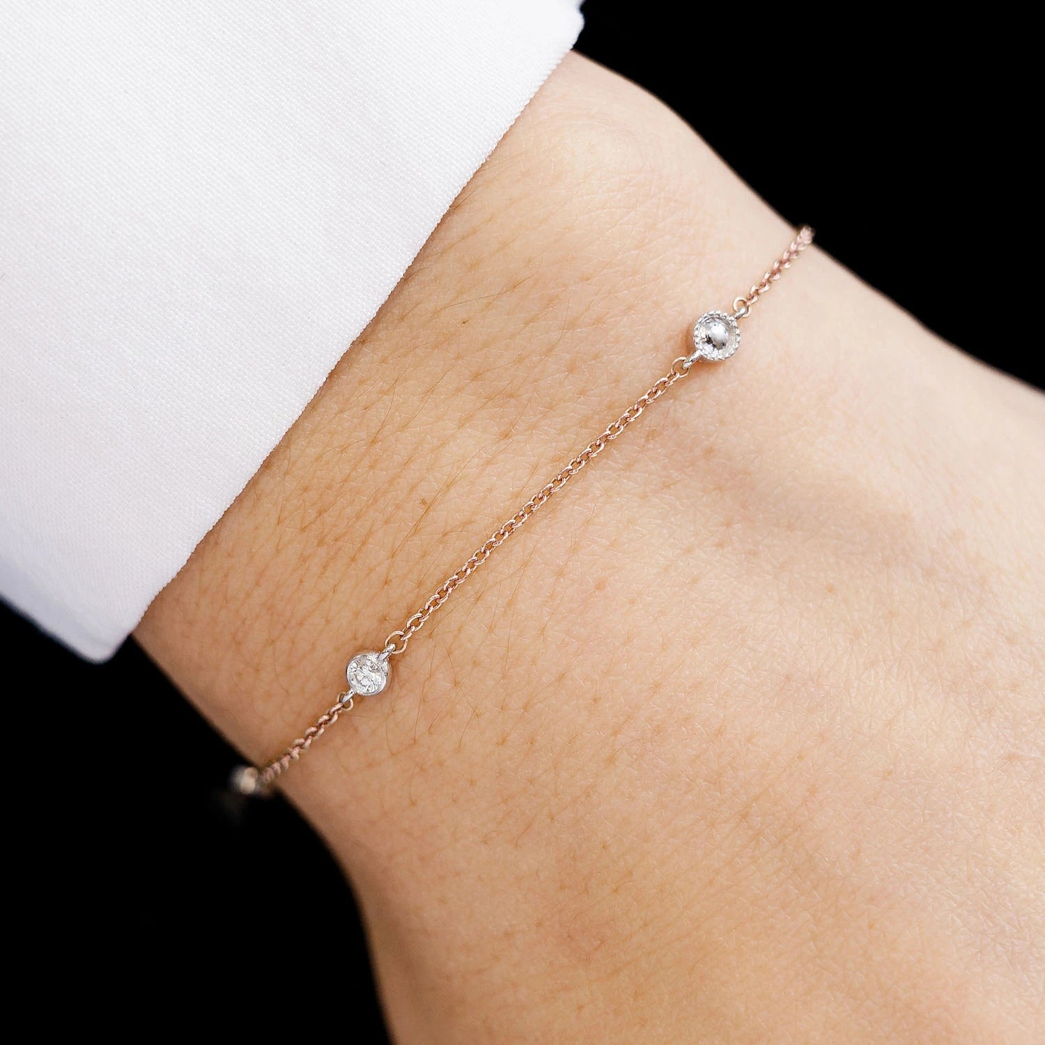 Bead & Bezel Diamond Bracelet in 14K yellow gold, 0.10ctw, detail view