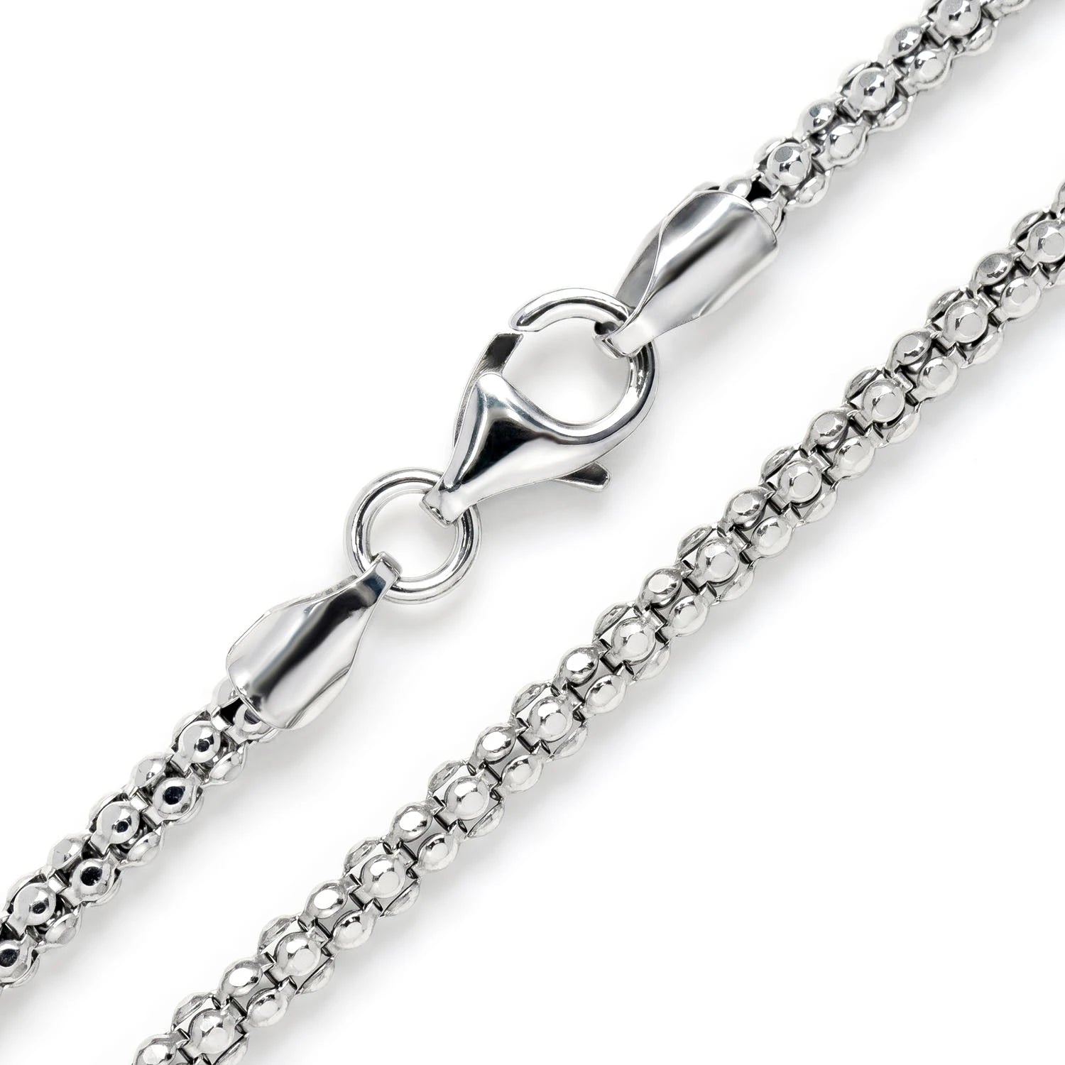 Sterling Silver Wheat Chain in 925 sterling silver, 2.5mm width, angled view