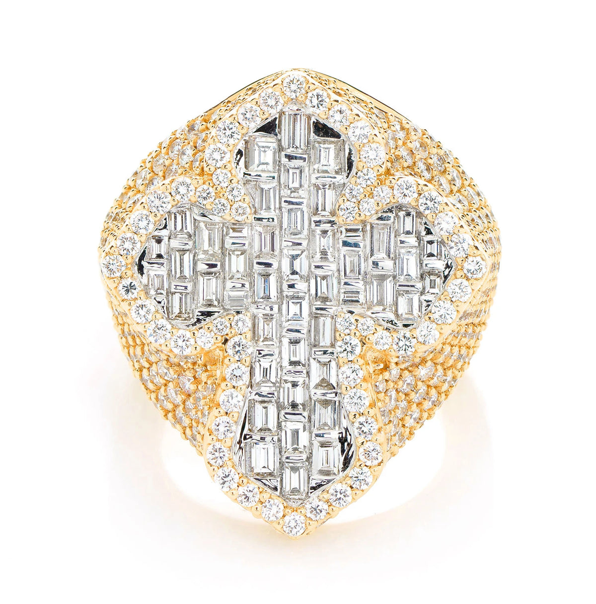 Deluxe Baguette Border Diamond Cross Signet Ring