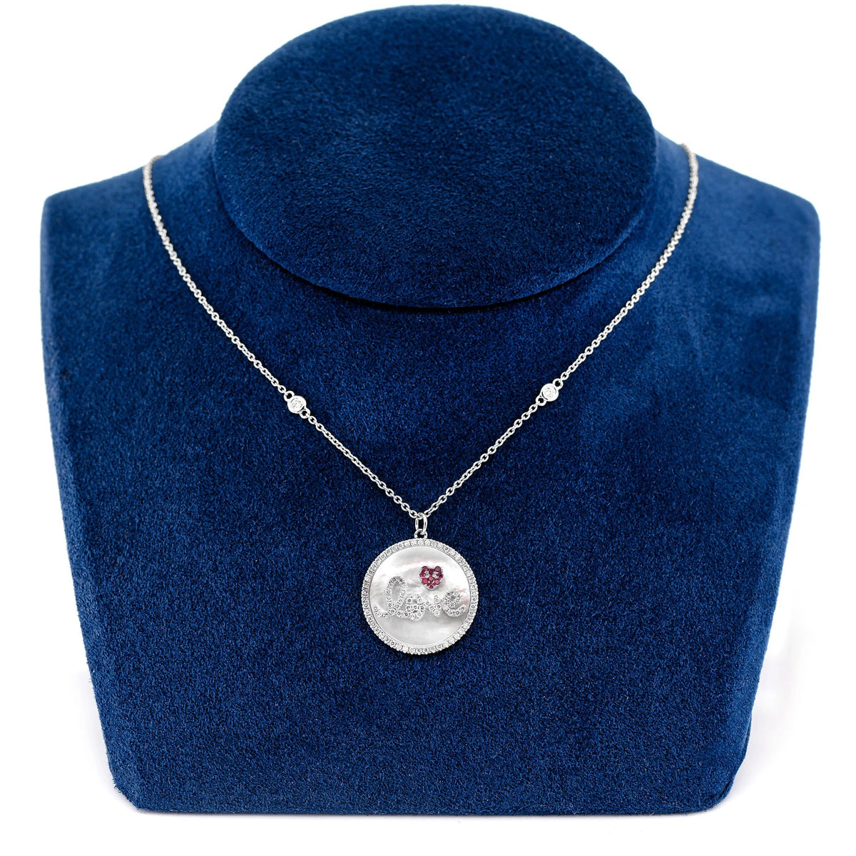 Mother of Pearl Love Disc Halo Diamond Necklace