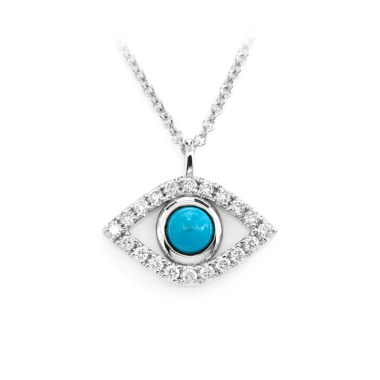 Turquoise & Diamond Evil Eye Necklace in 14K white gold, front view