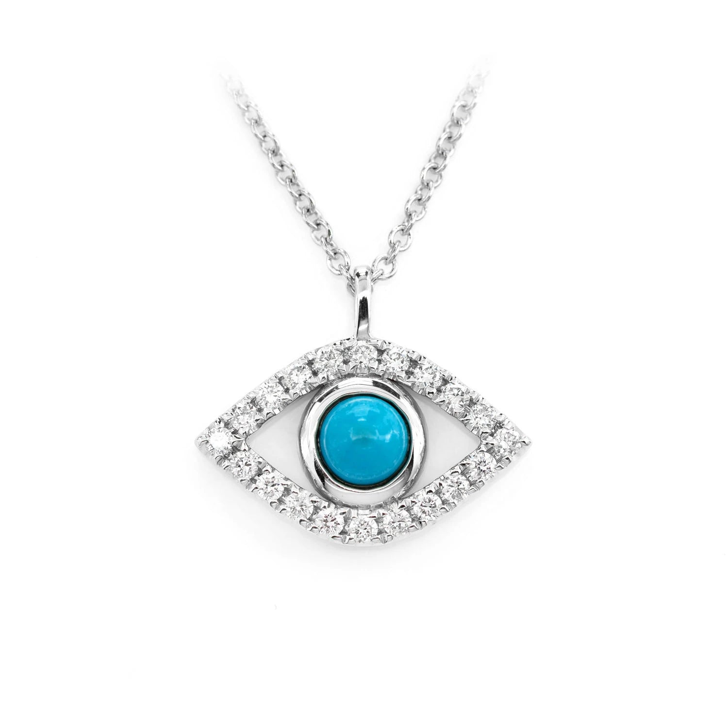 Turquoise & Diamond Evil Eye Necklace in 14K white gold, front view
