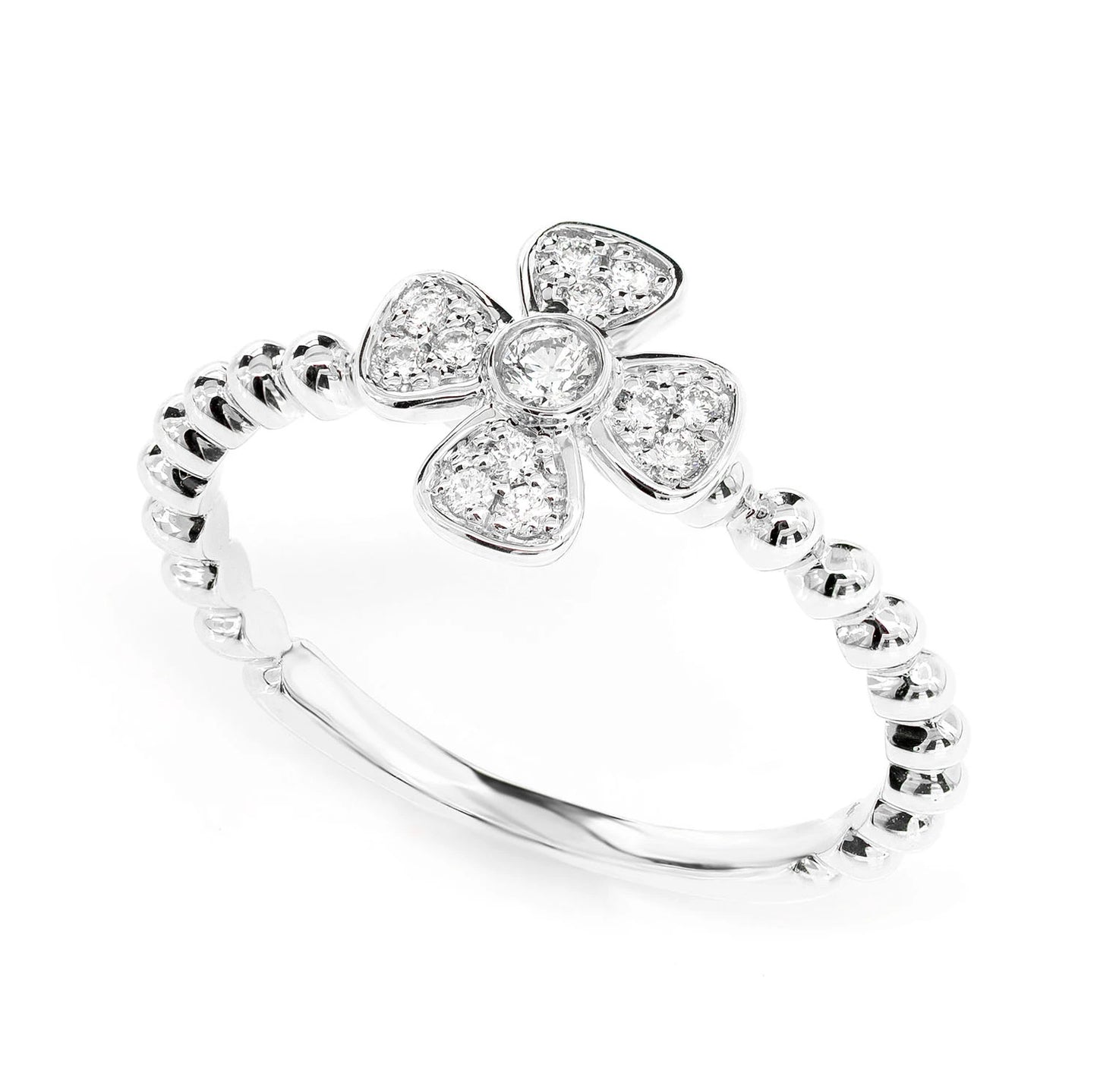 Beaded Bezel Flower Diamond Ring in 14K white gold, detail view