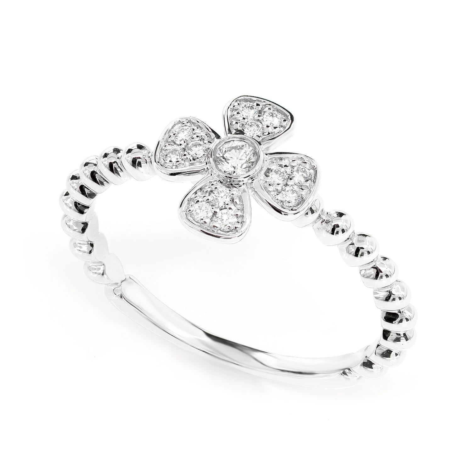 Beaded Bezel Flower Diamond Ring in 14K white gold, detail view