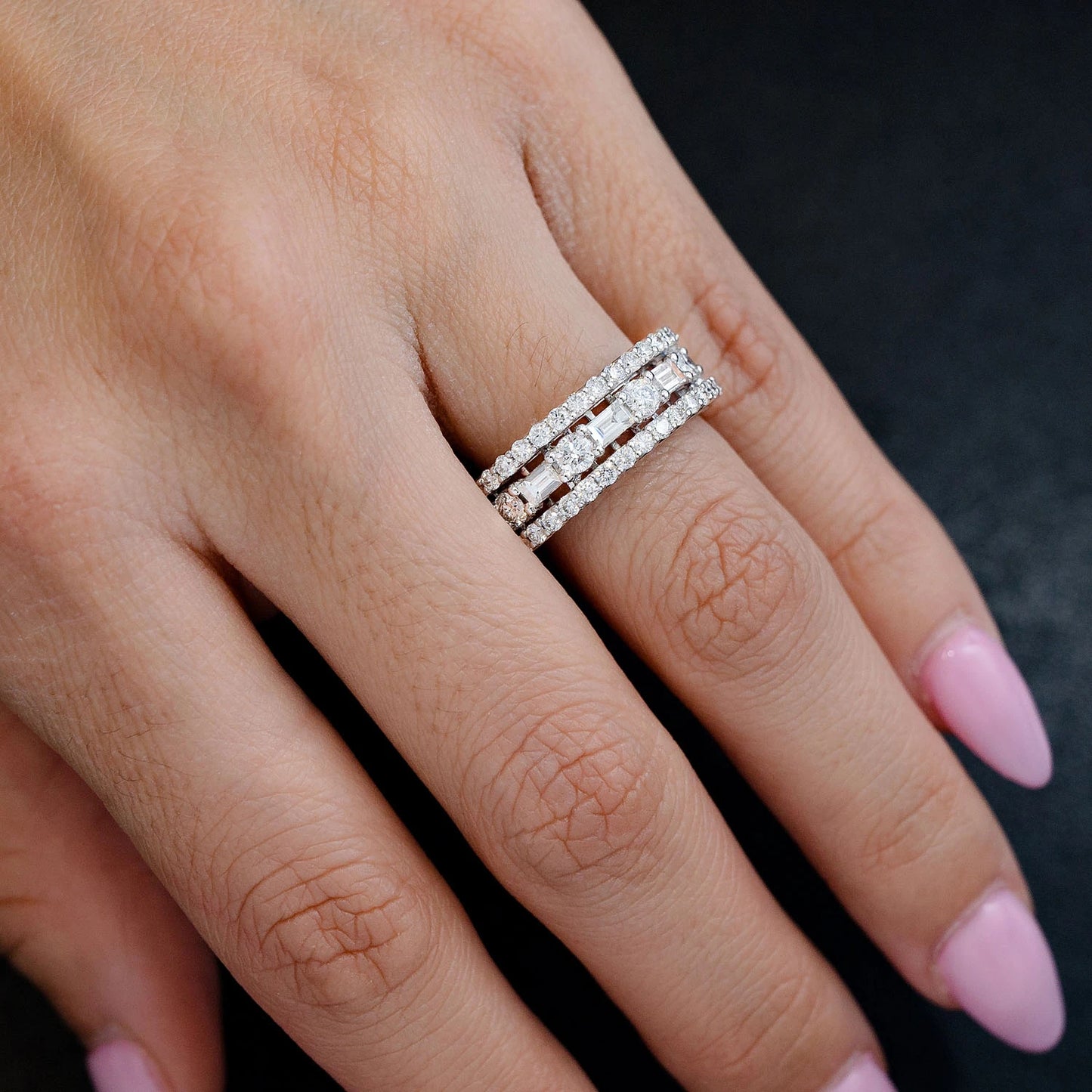 Round and Baguette Bridge Diamond Band Ring