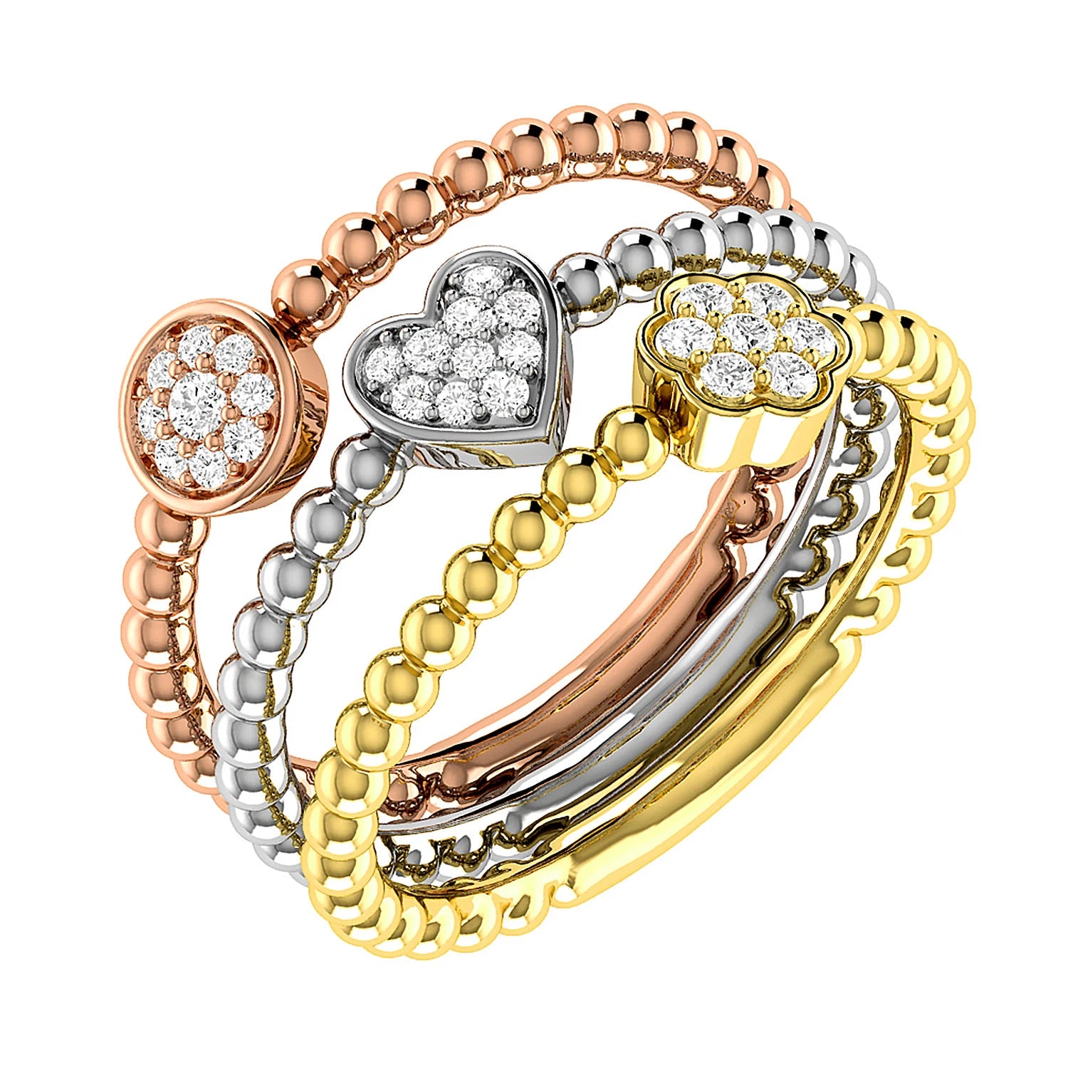 Three Row Beaded Diamond Ring in tri tone 14k gold, angled view