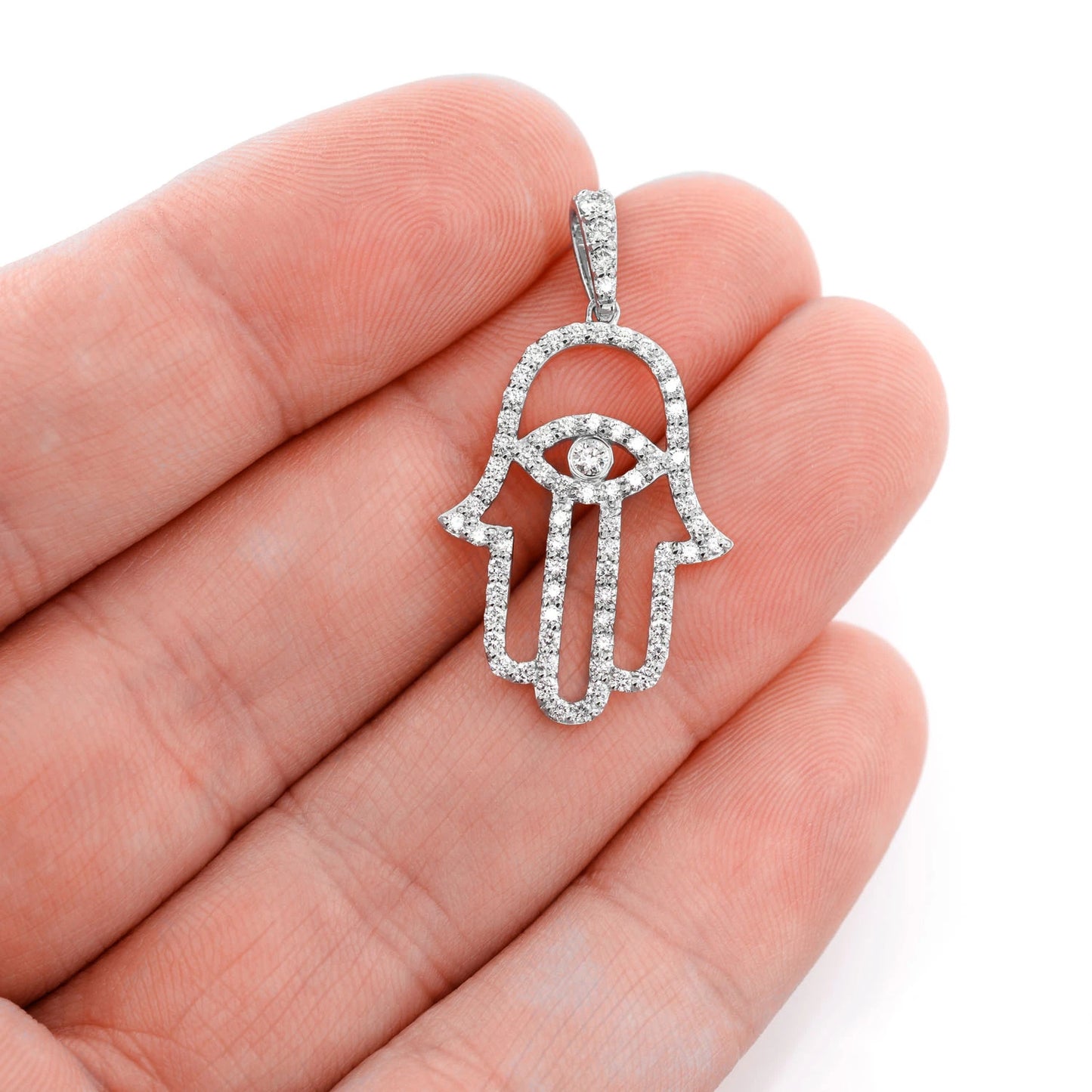 Outlined Hamsa Diamond Pendant in 14K white gold, angled view