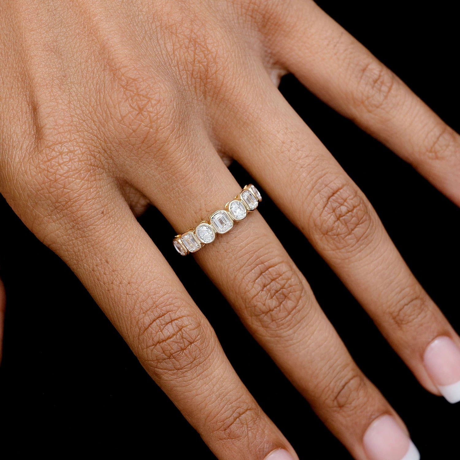 Oval & Baguette Bezel Diamond Band Ring in 14K yellow gold, alternate view