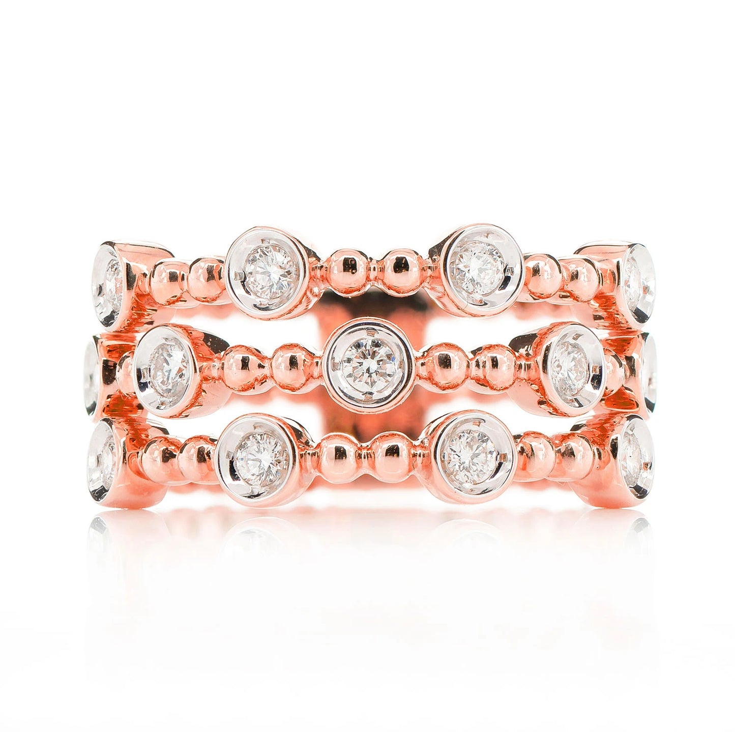 Four Row Scattered Beaded Bezel Diamond Band in 14K rose gold, front view