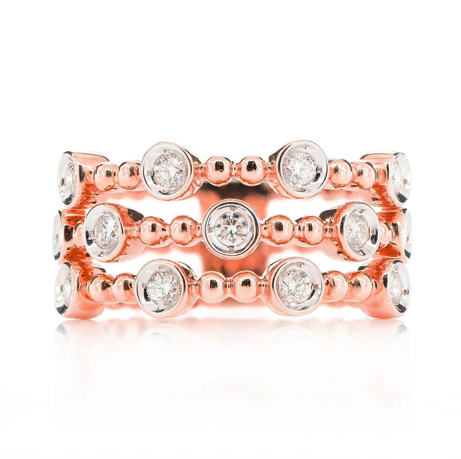 Four Row Scattered Beaded Bezel Diamond Band in 14K rose gold, front view