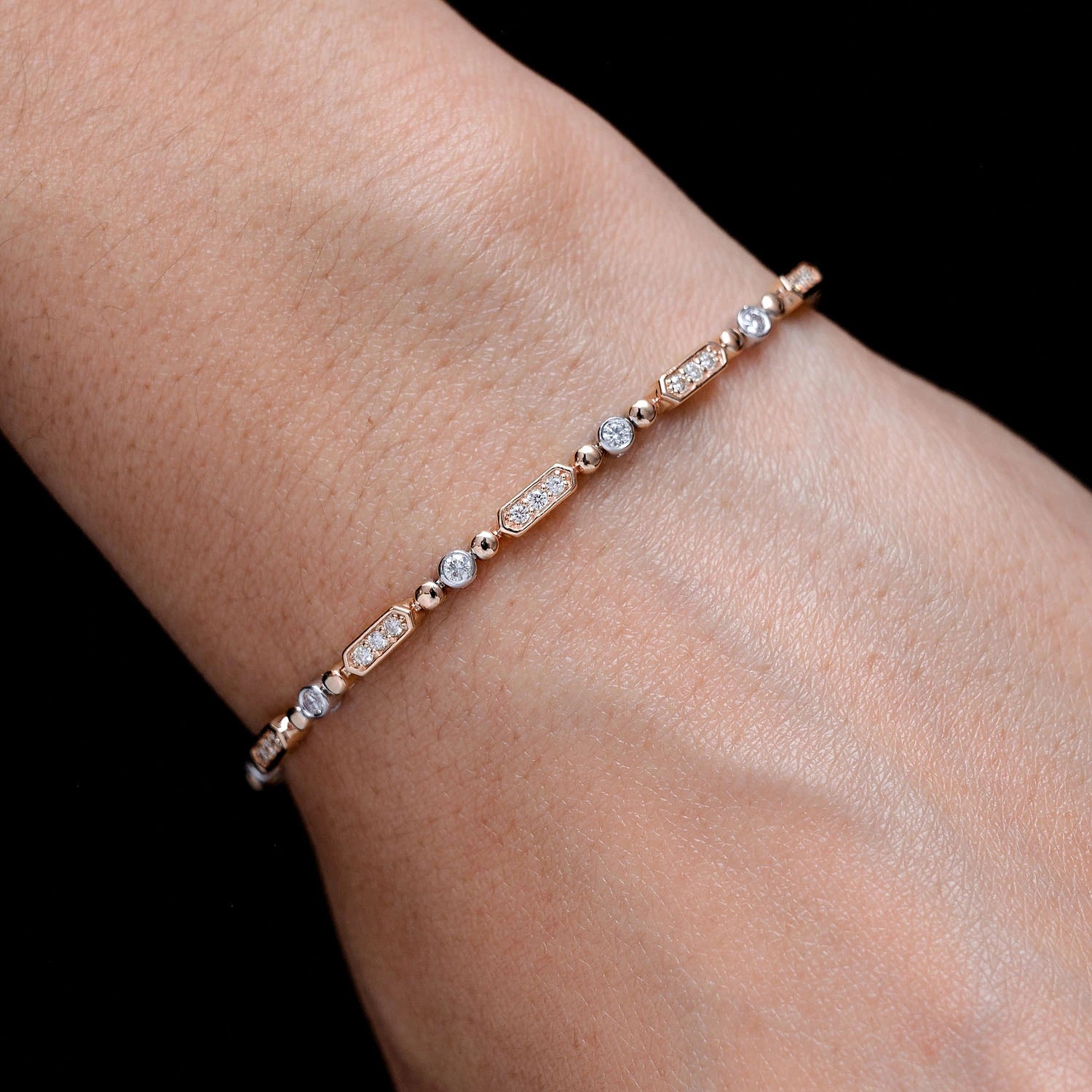 Alternating Bezel & Bar Diamond Link Bracelet in two tone rose 14k gold, alternate view