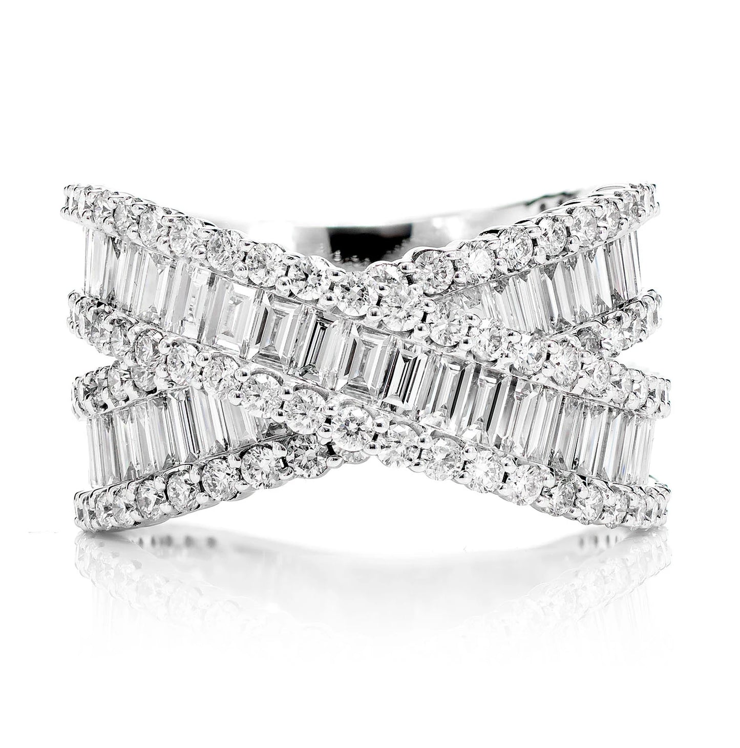 Baguette Crossover Diamond Ring in 14K white gold, front view