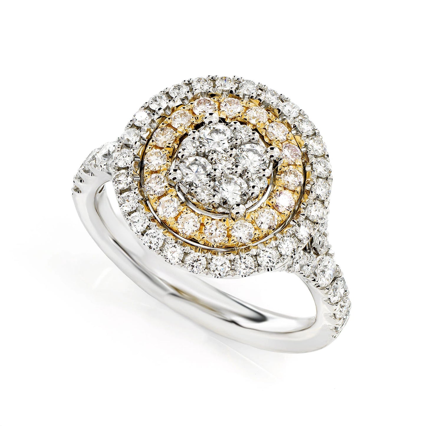Double Halo Round Cluster Diamond Ring in two-tone 14k gold, detail view