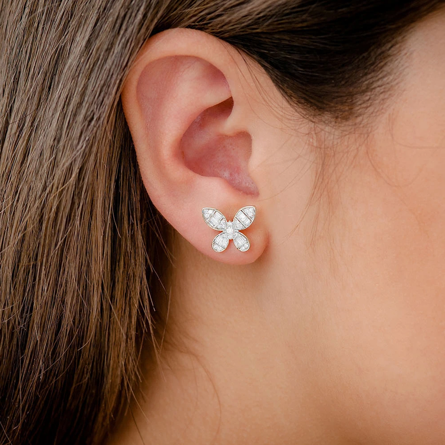 Butterfly Baguette Diamond Stud Earrings in 14K white gold, alternate view