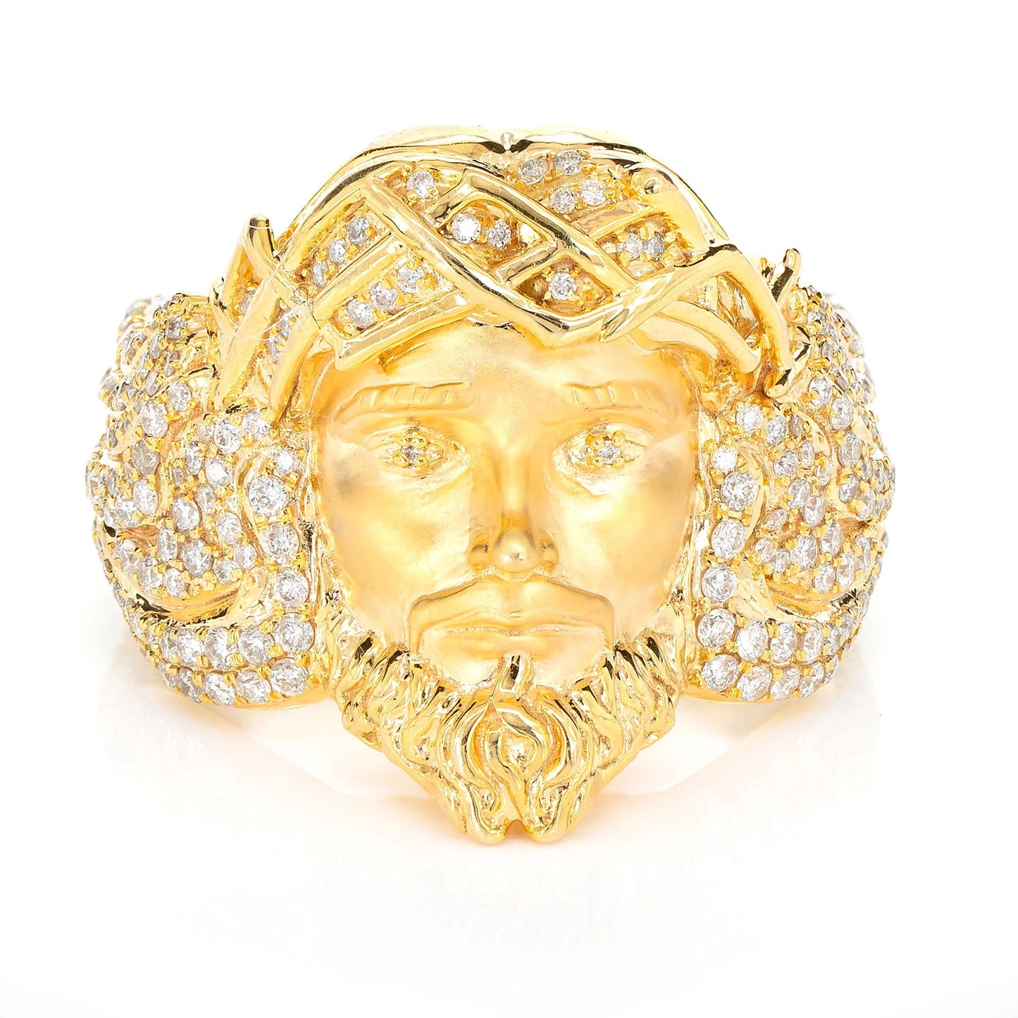 Jesus Portrait Diamond Signet Ring in 10K yellow gold, front view