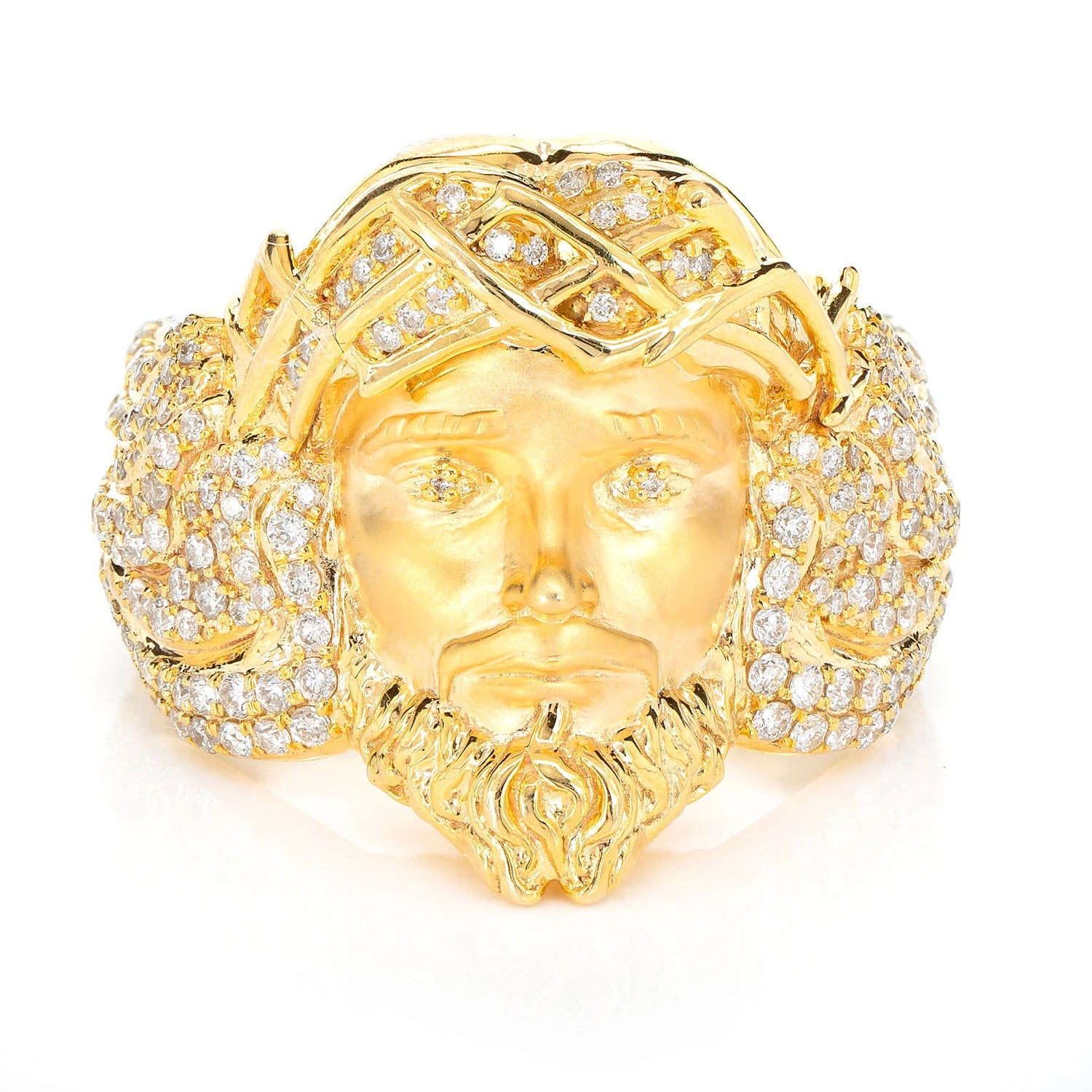 Jesus Portrait Diamond Signet Ring in 10K yellow gold, front view