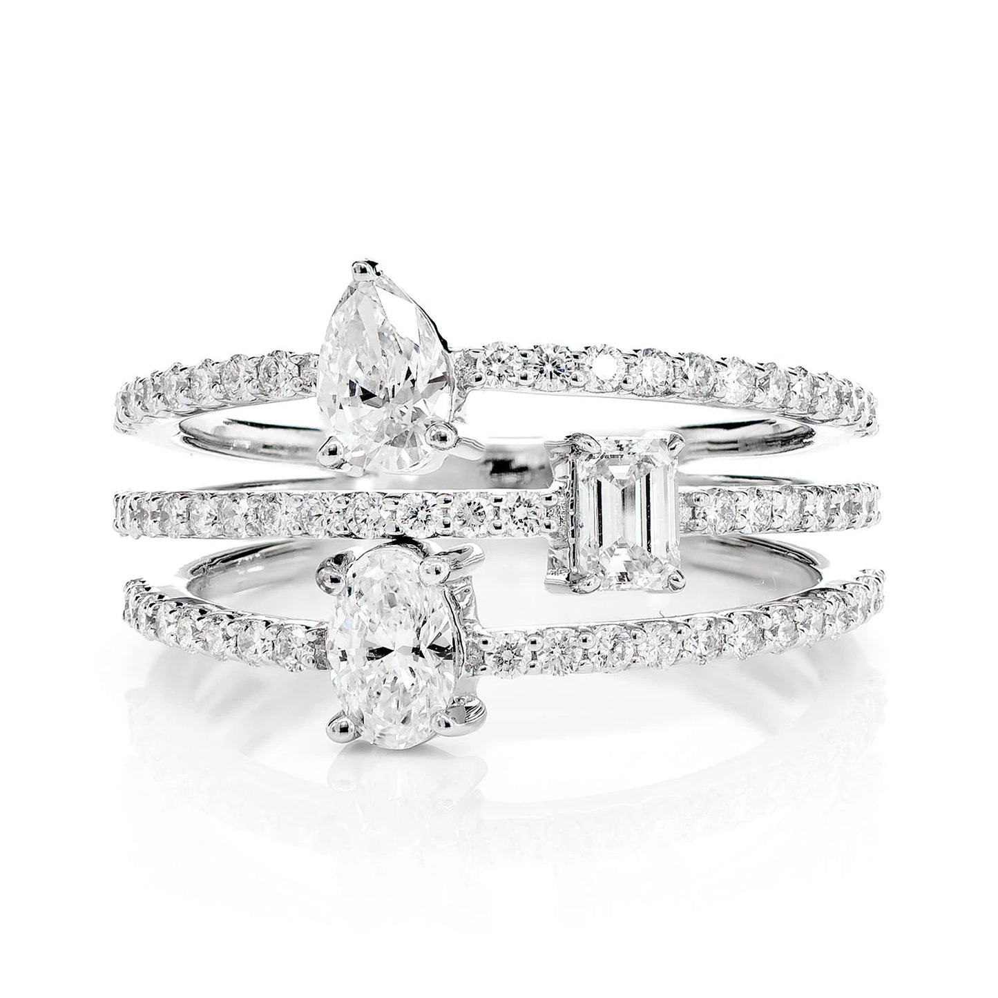Three Row Multi-Shape Diamond Wrap Ring in 14K white gold, front view